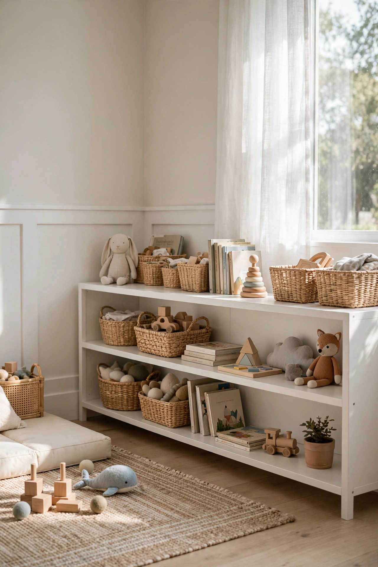 16 Playroom Ideas That Keep the Mess Contained 3 Low white open shelves at child height styled with a few toys, books and woven baskets.