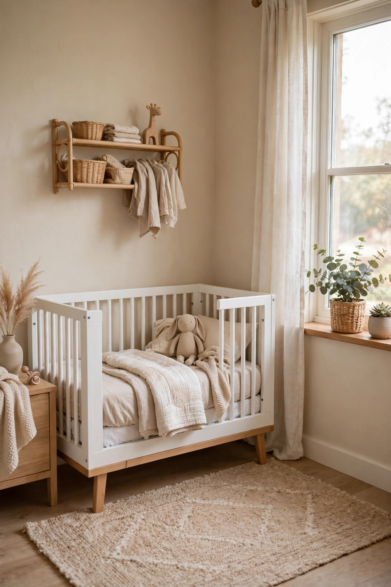White mini crib with light wood legs in a small bright nursery