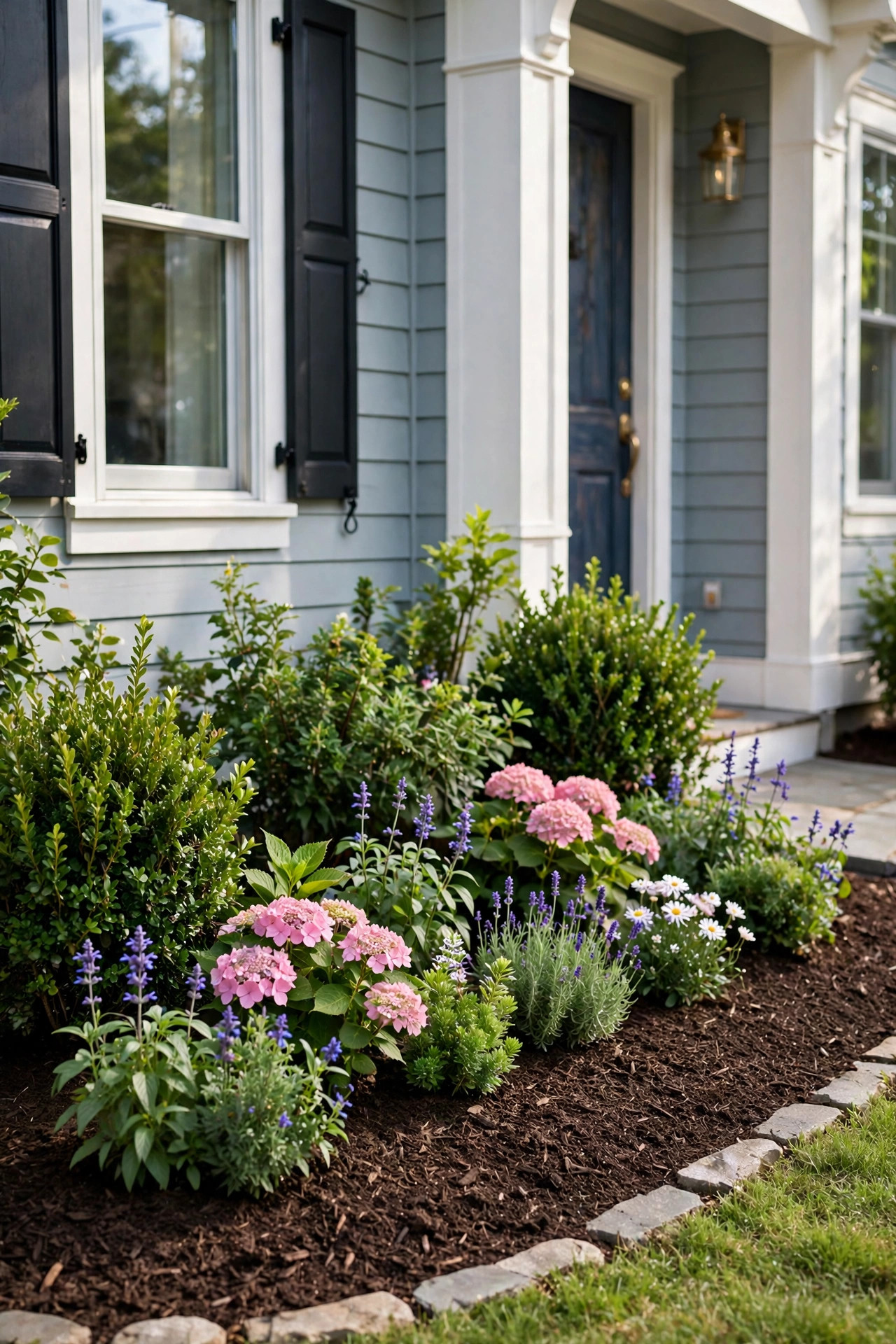 Small Front Yard Landscaping Ideas With Big Impact 3 Fresh dark mulch spread around shrubs in a small front yard bed.