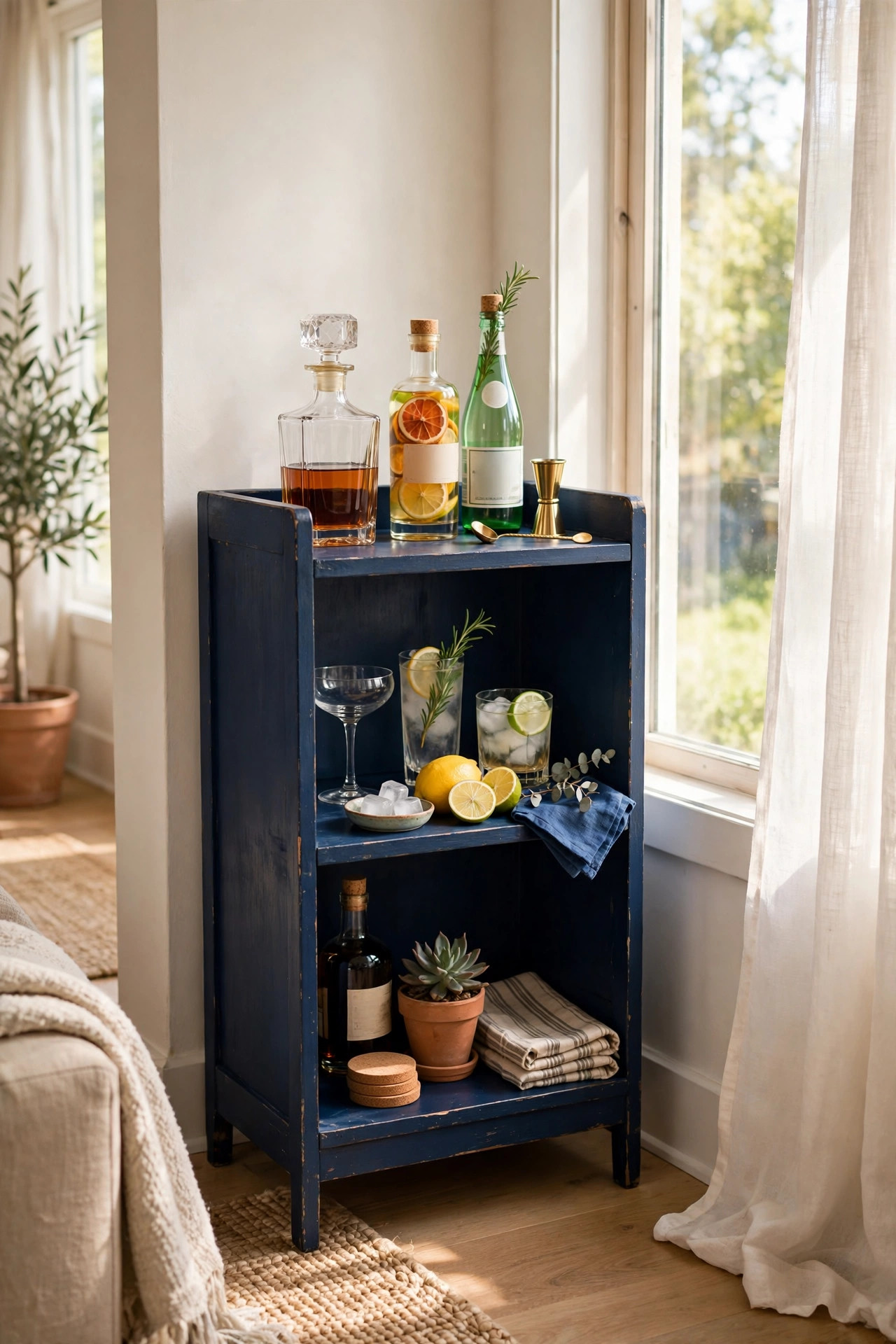 15 Thrift Store Furniture Flips Worth Trying 3 A navy blue bookshelf converted into a bar cart with glass bottles in a sunny living room corner