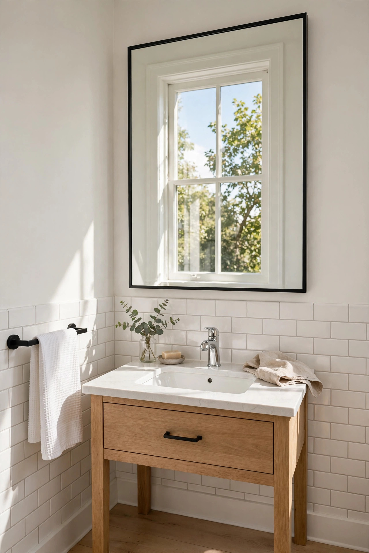 Large rectangular mirror above a small bathroom vanity reflecting window light.