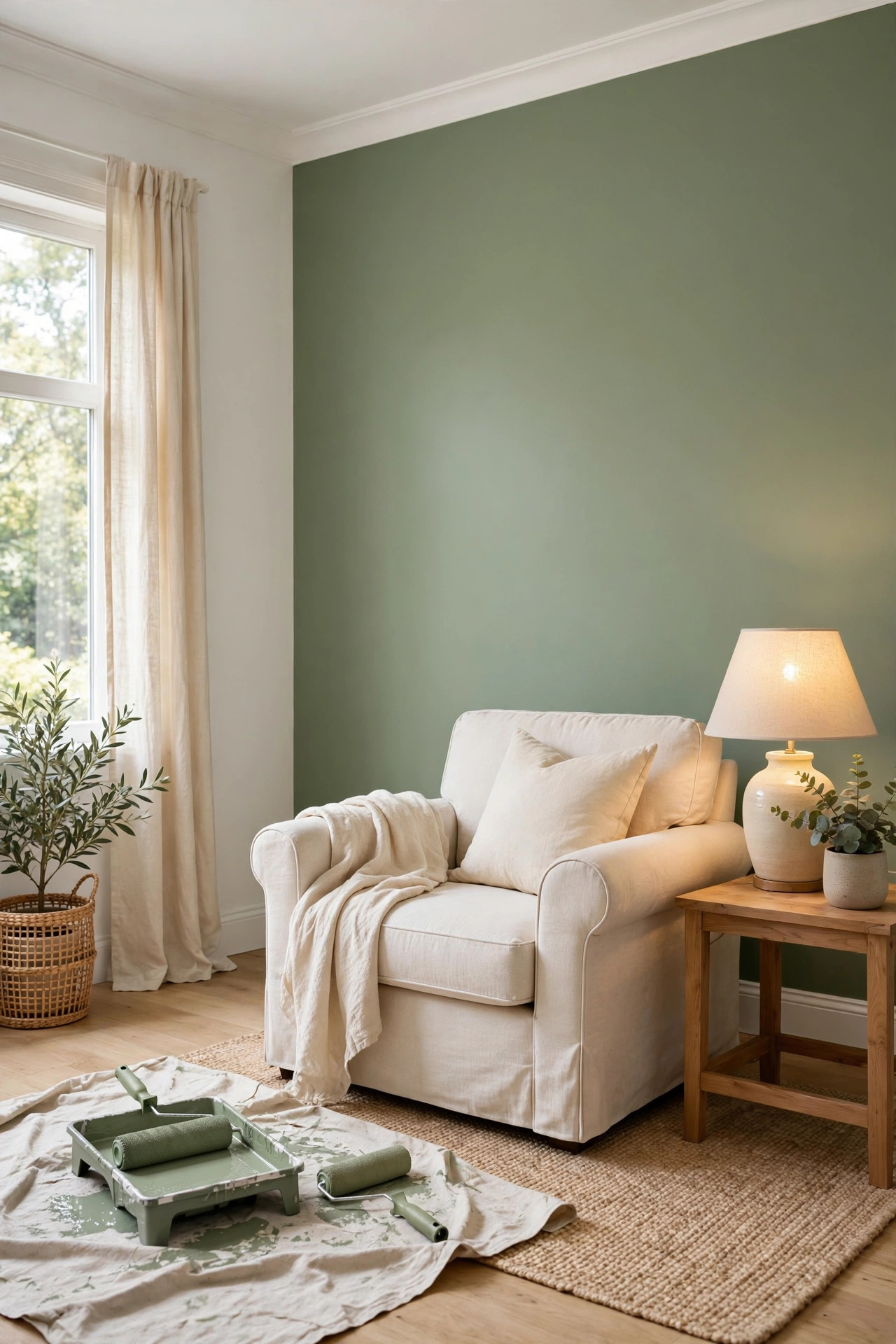 22 Decor Ideas Under $50 That Change Everything 3 Living room accent wall painted warm sage green with a cream armchair and paint supplies