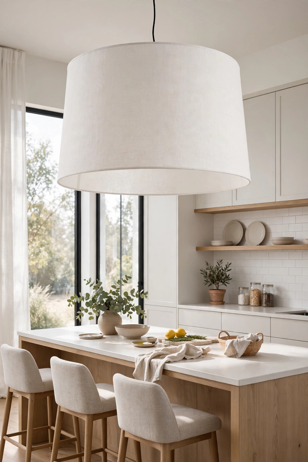 One large fabric drum pendant light hanging as the focal point over a kitchen island.