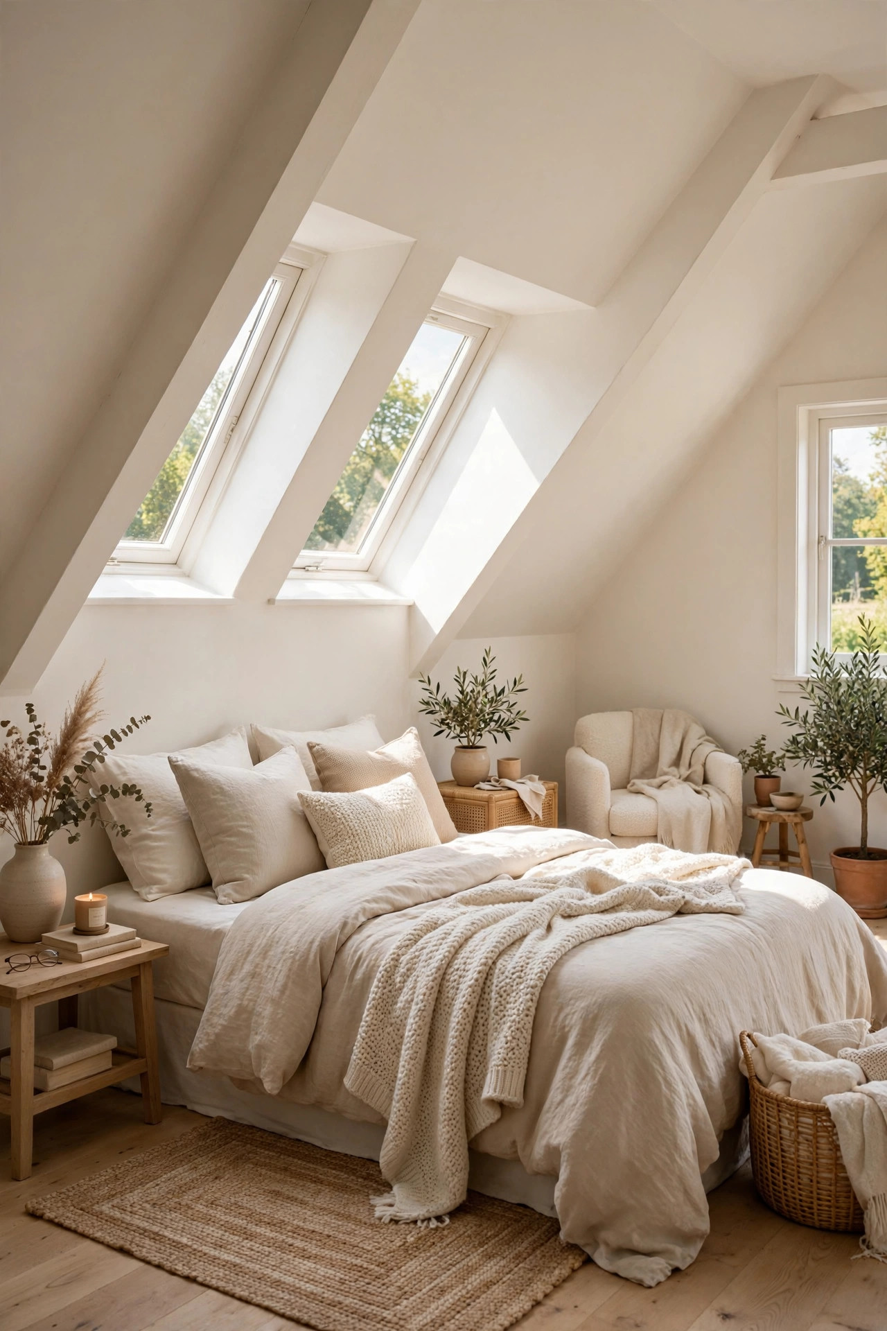 Sloped attic ceiling painted warm white with soft daylight reflecting off the angles.