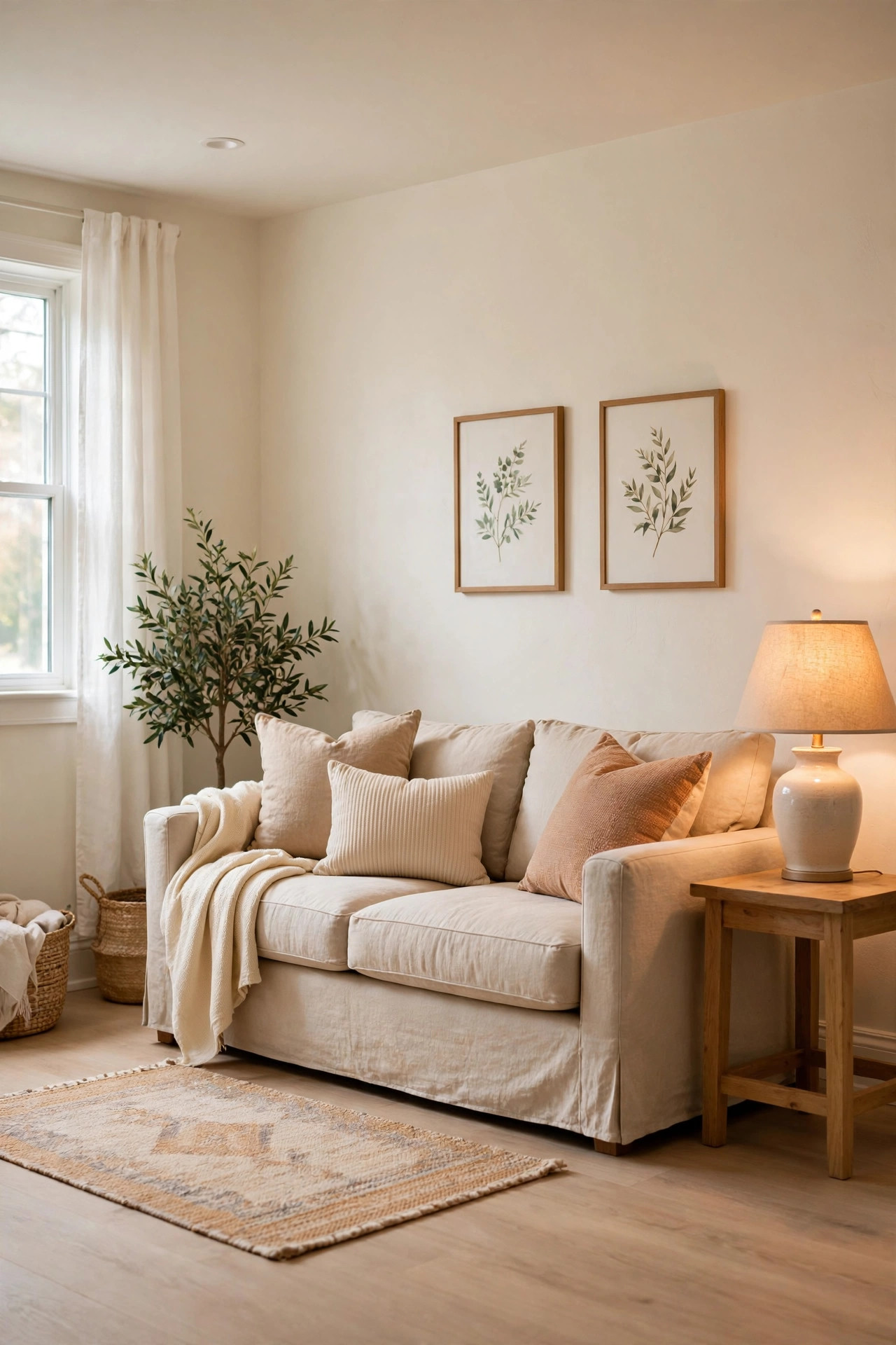 A basement family room with warm ivory painted walls, a cozy sofa, and soft welcoming light.