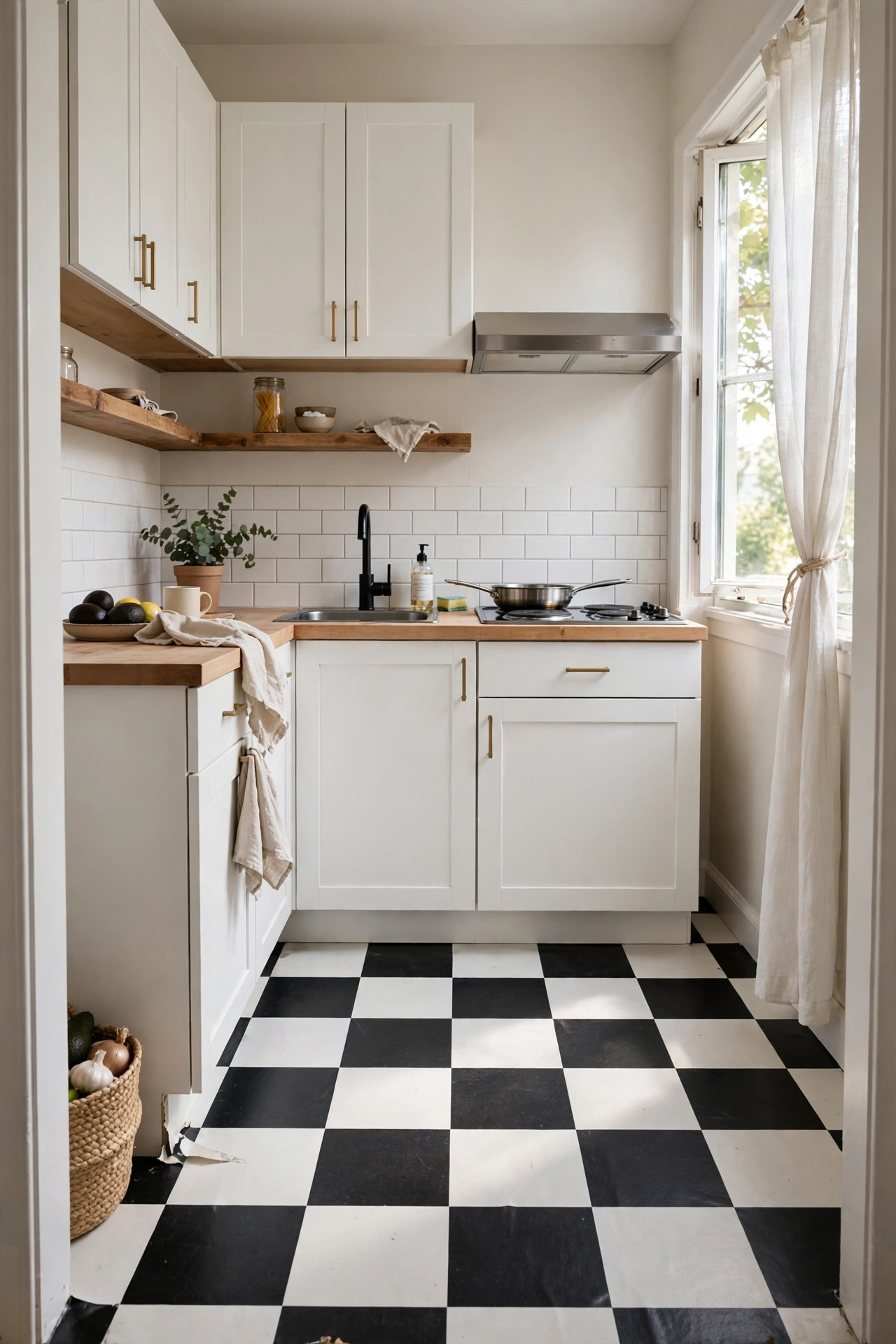 Rental kitchen floor covered with peel and stick checkerboard tile decals.