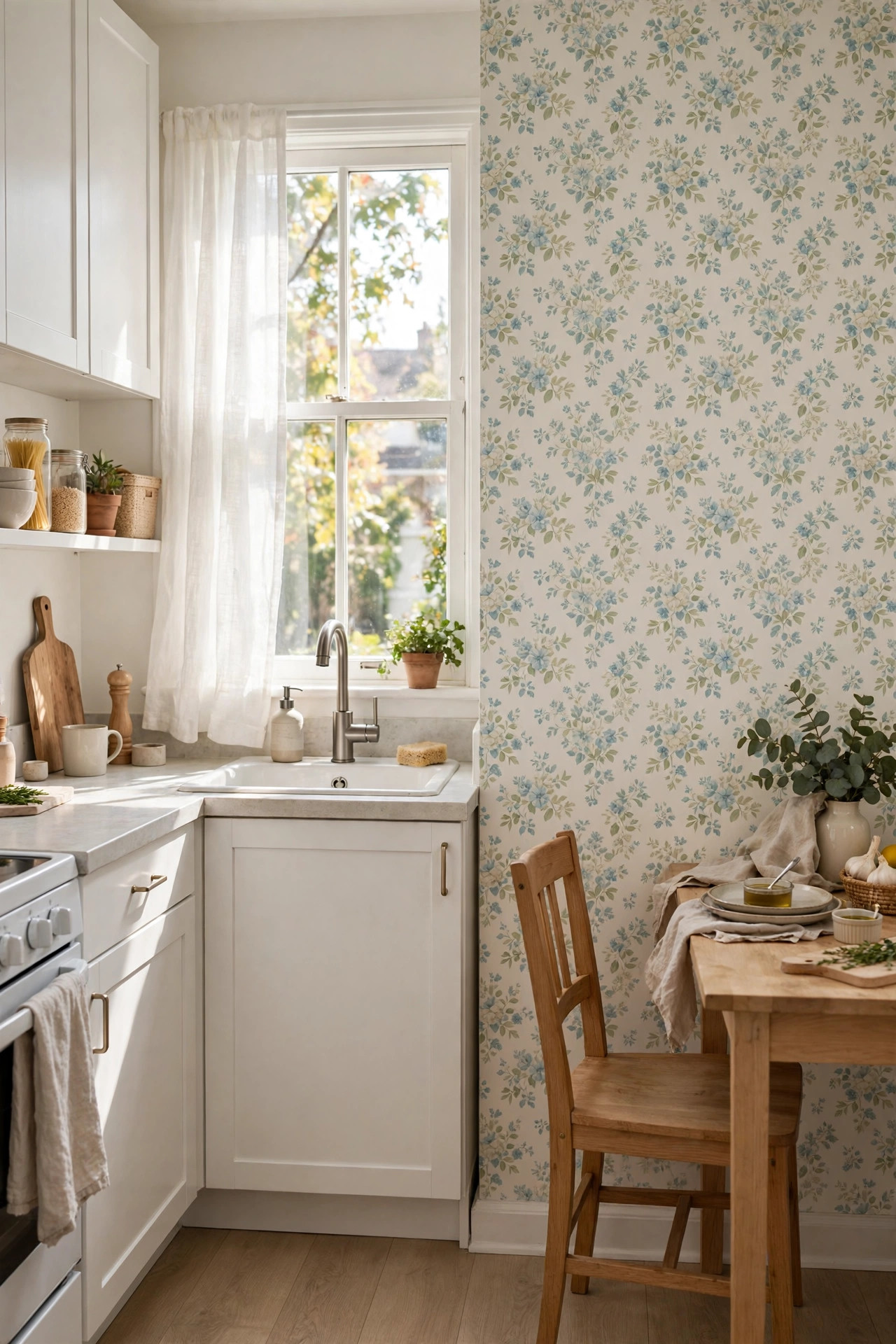 18 Renter-Friendly Kitchen Upgrades That Need Zero Permission 3 Rental kitchen accent wall covered in soft removable floral wallpaper
