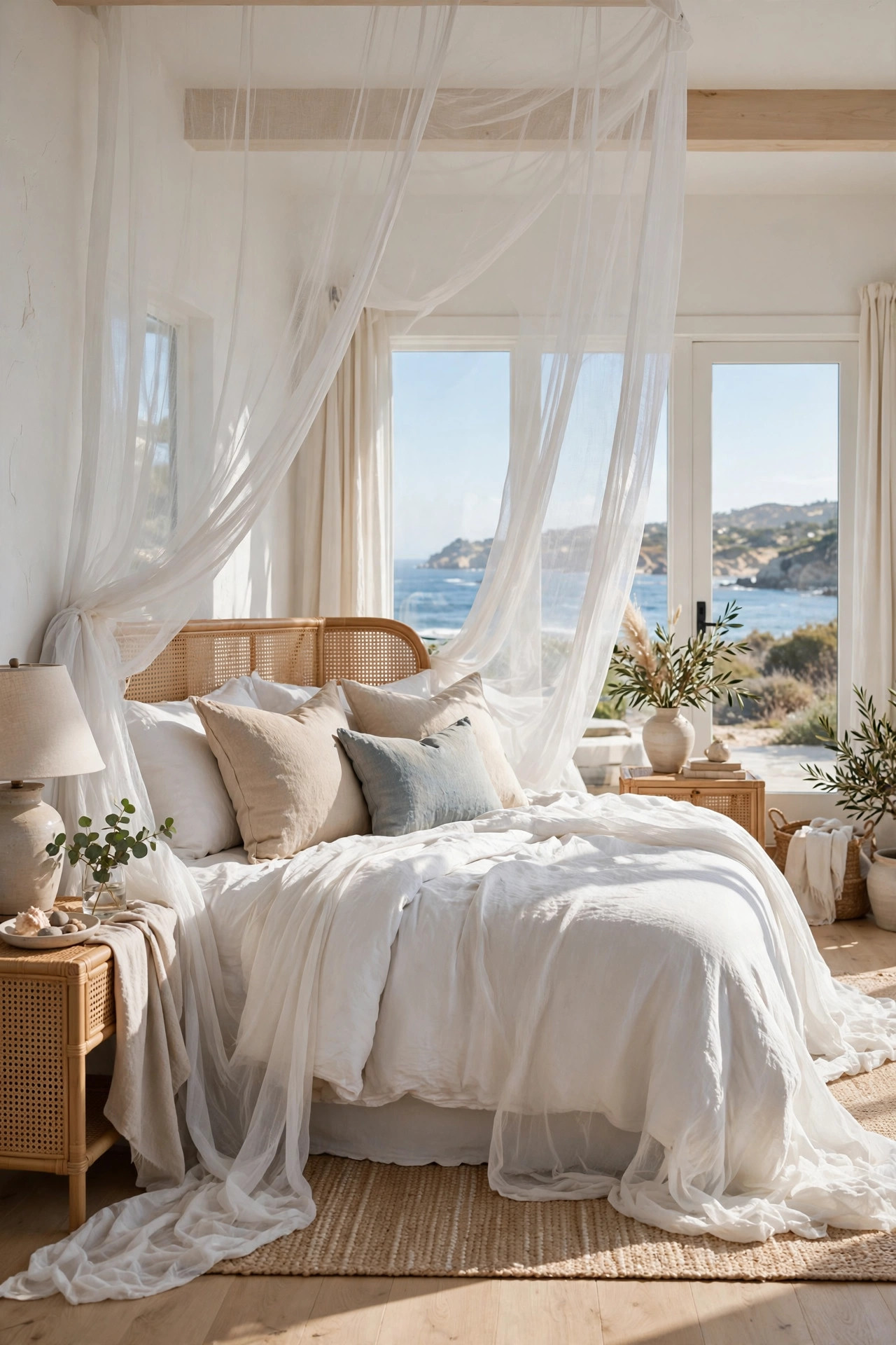 18 Coastal Bedroom Ideas Without the Cliches 3 Floor length washed linen curtains in a faded natural tone glowing in daylight