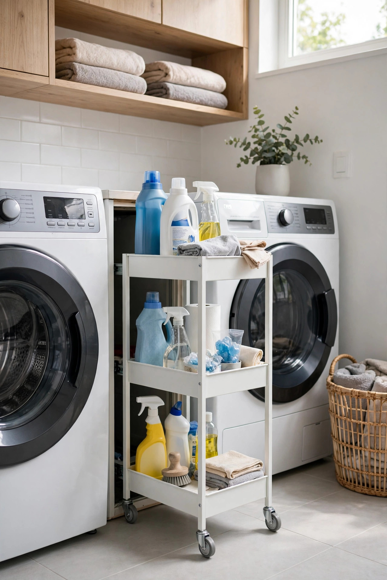 Slim rolling cart between washer and dryer