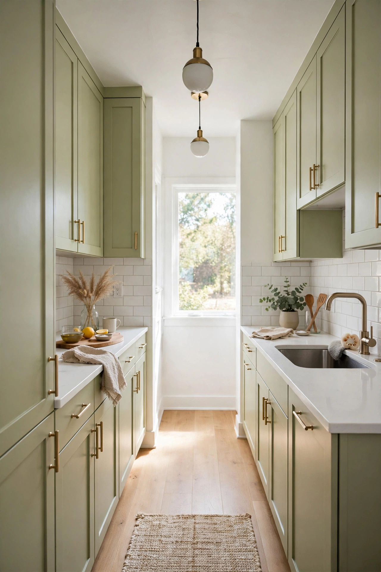 Small galley kitchen with soft pistachio green cabinets and white counters in daylight.