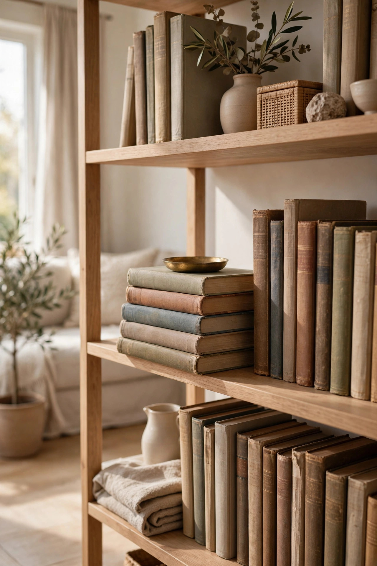 Stack of old hardcover books used as a pedestal for a small brass dish on a shelf