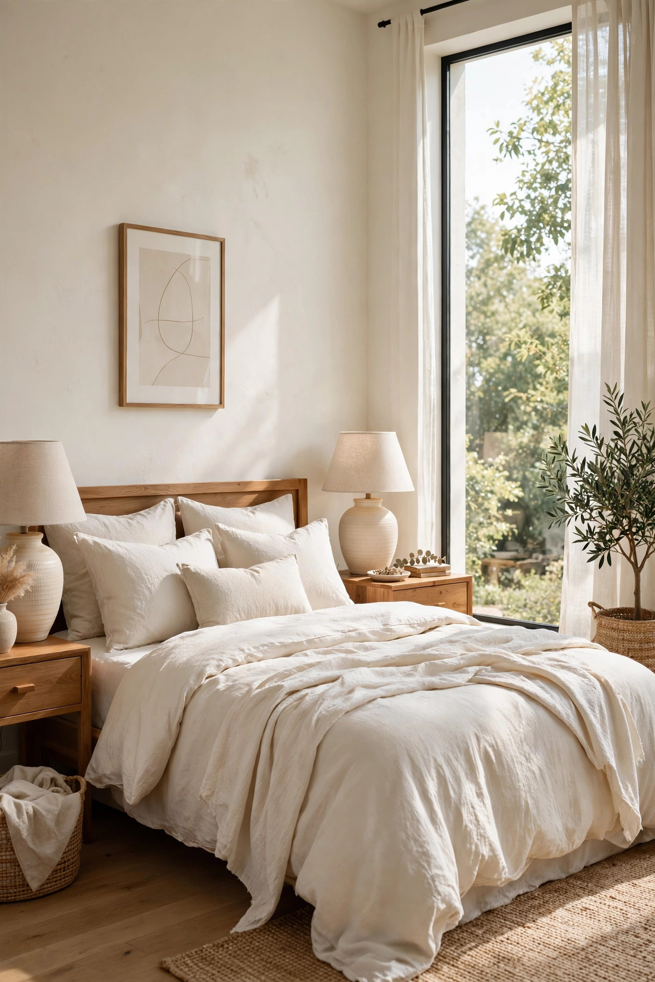 15 Warm White Paint Colors That Work in Every Room 3 Bedroom with creamy warm white walls, linen bedding, wooden nightstands, and bright window light
