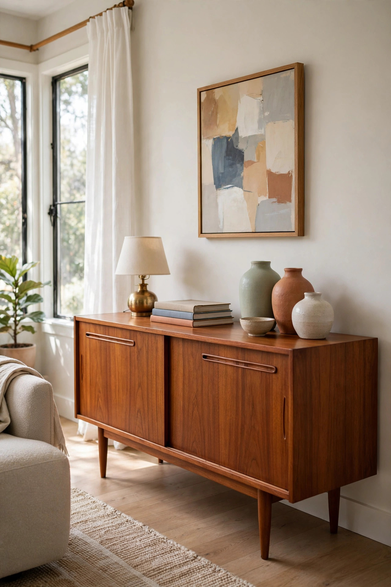 17 Mid-Century Modern Living Room Ideas That Still Feel Fresh 3 Teak sideboard with tapered legs styled with ceramic vases and books under abstract art
