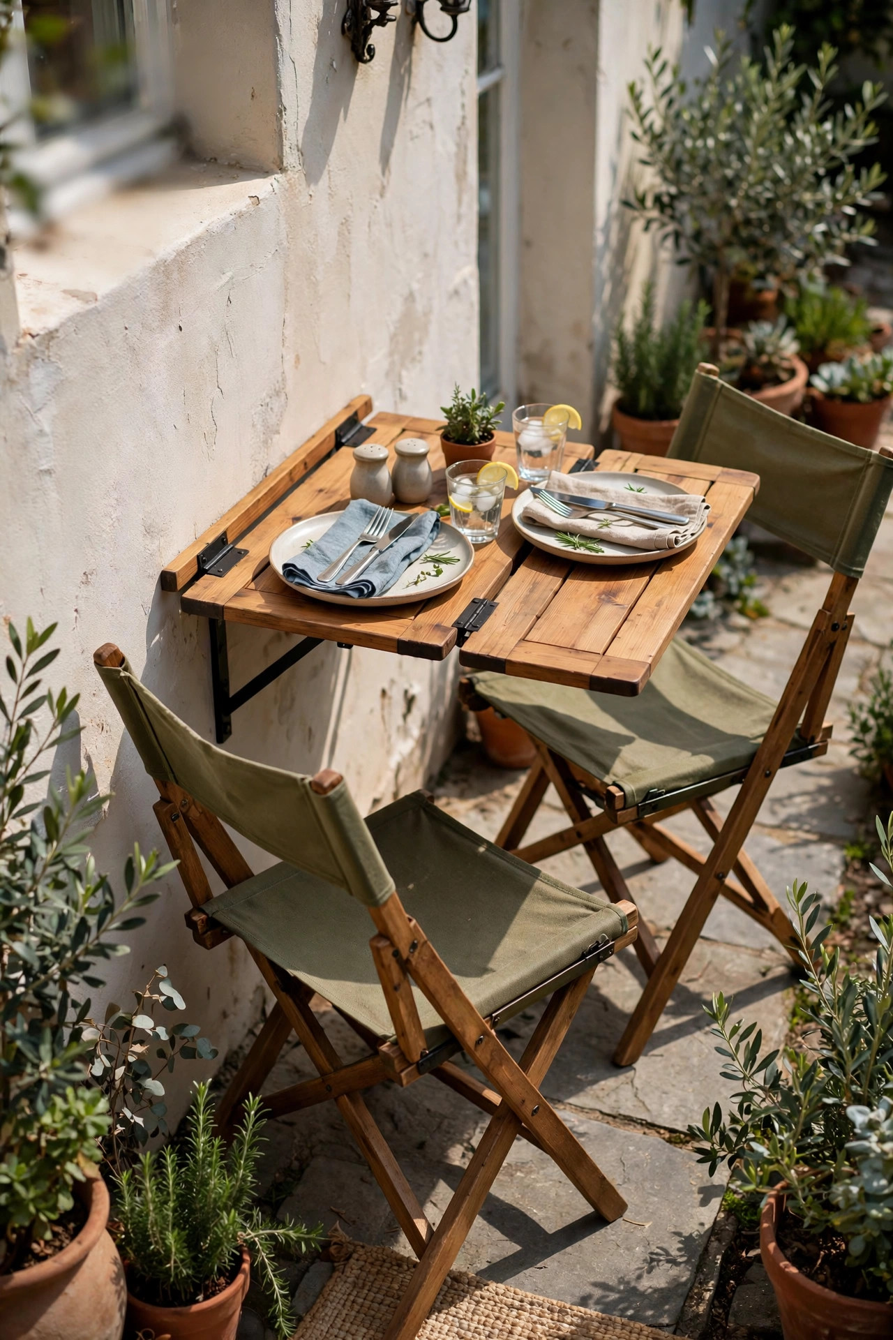 17 Outdoor Dining Ideas for Small Patios 3 Wooden drop leaf table folded up from a house wall on a narrow patio, set with two plates and two folding chairs