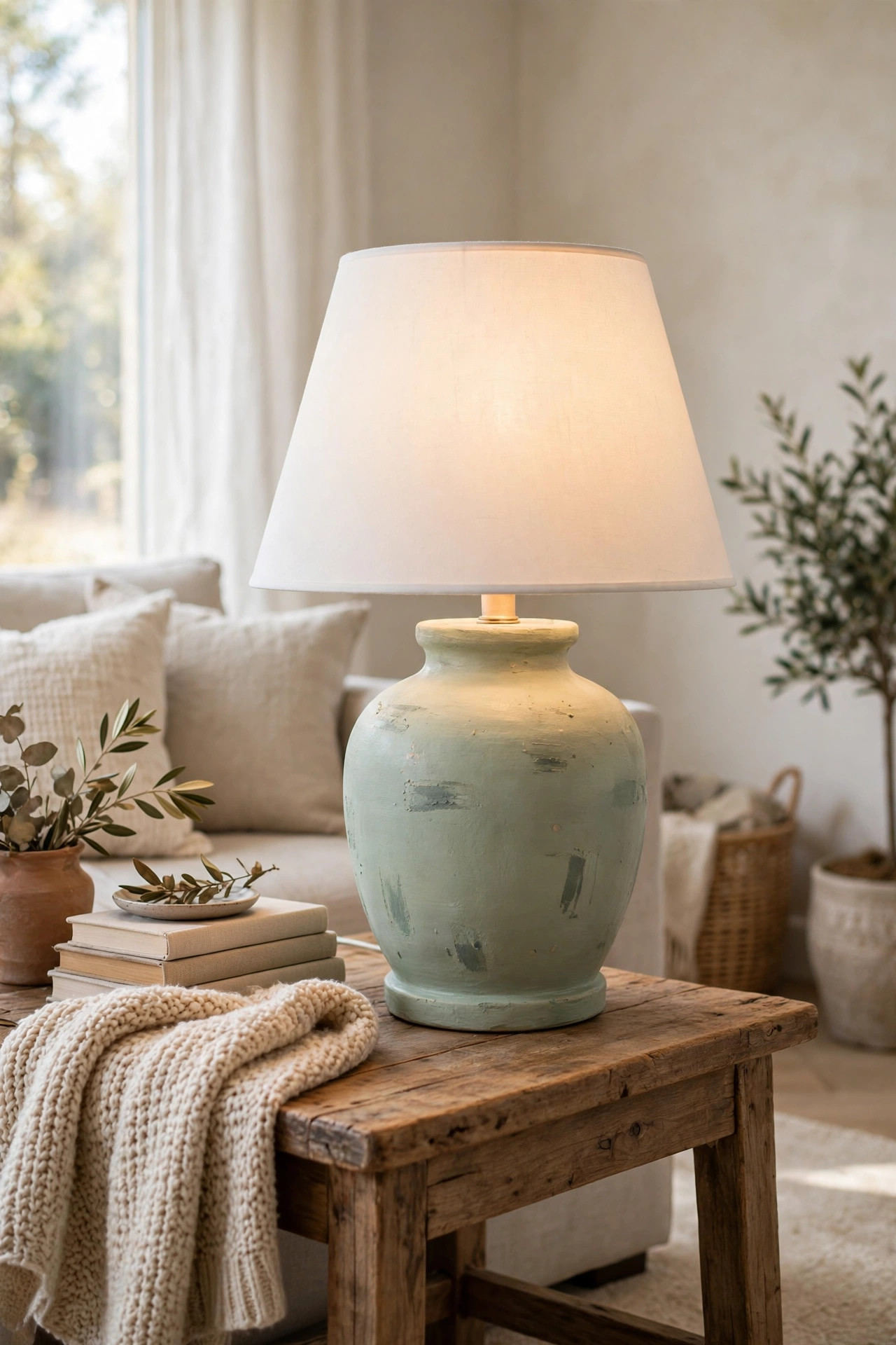 Hand painted sage green ceramic table lamp with a white shade on a wood side table