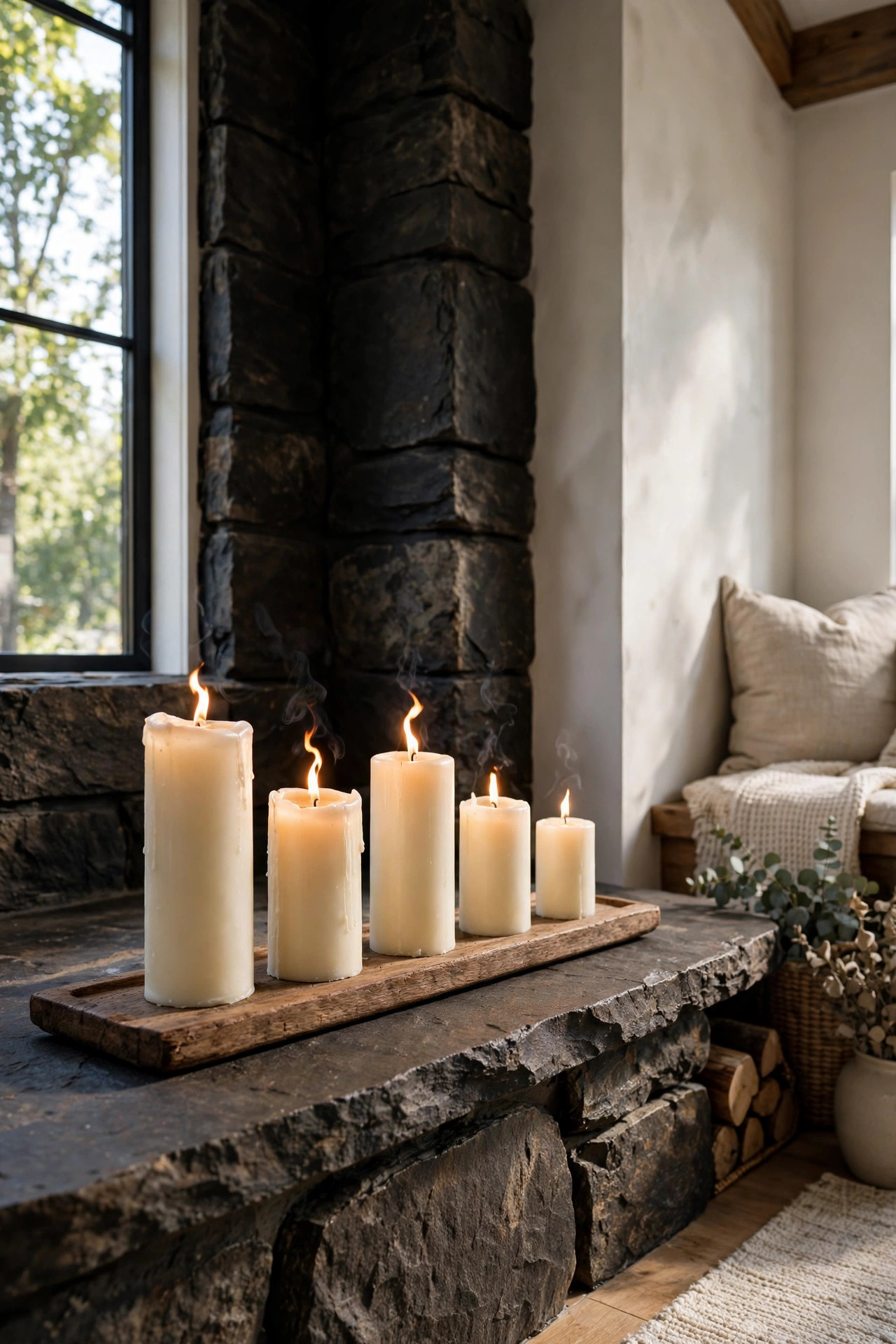 Wooden tray with five ivory pillar candles of different heights on a stone fireplace hearth