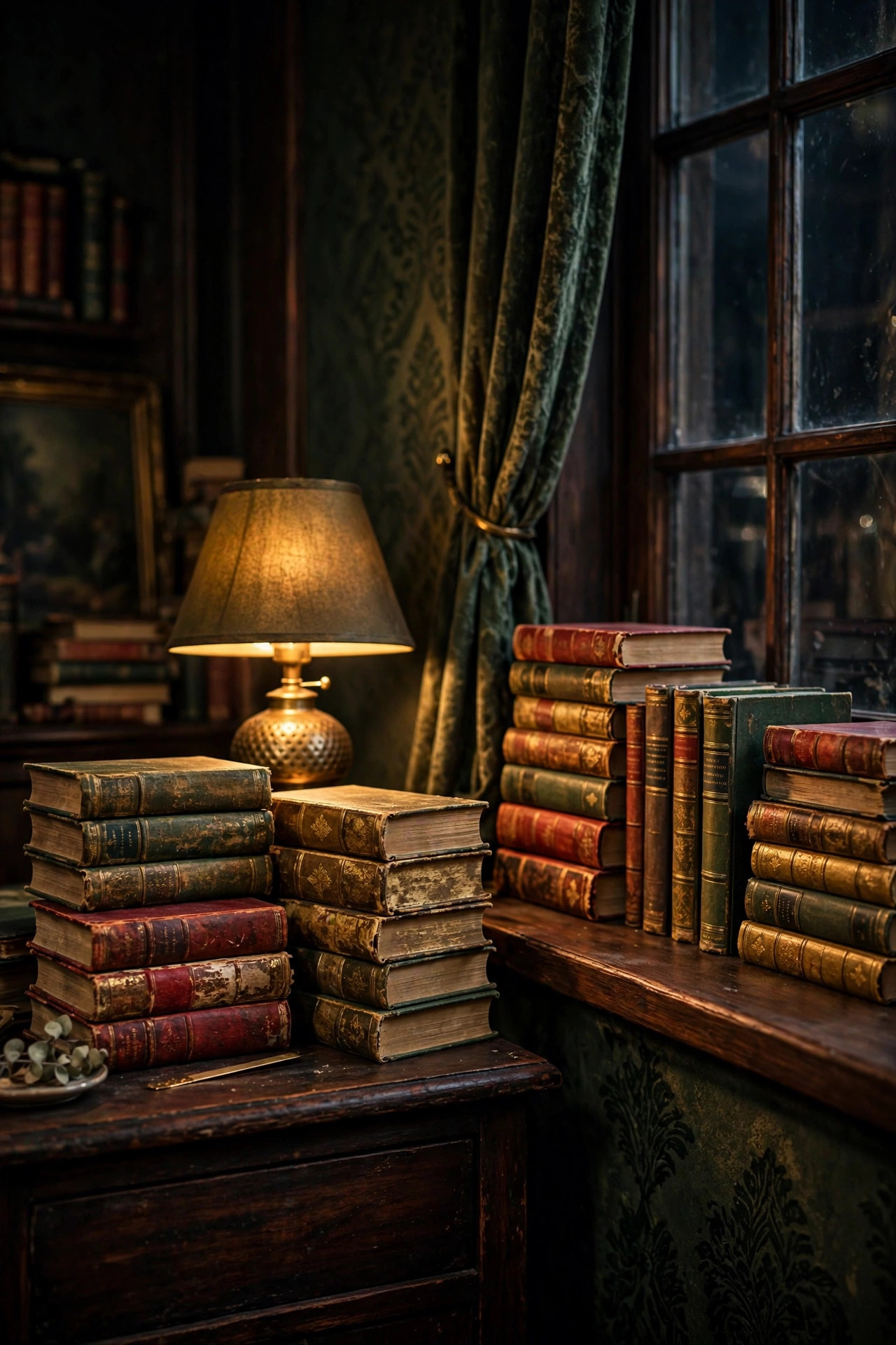 21 Dark Academia Room Decor Ideas That Feel Like an Old Library 3 Stacks of old hardcover books piled on a dark wood nightstand and windowsill