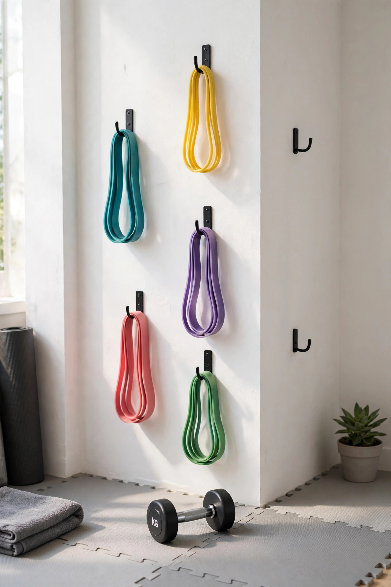 17 Small Home Gym Ideas That Fit in Any Corner 3 Colorful resistance bands hanging neatly on wall hooks in a small gym corner