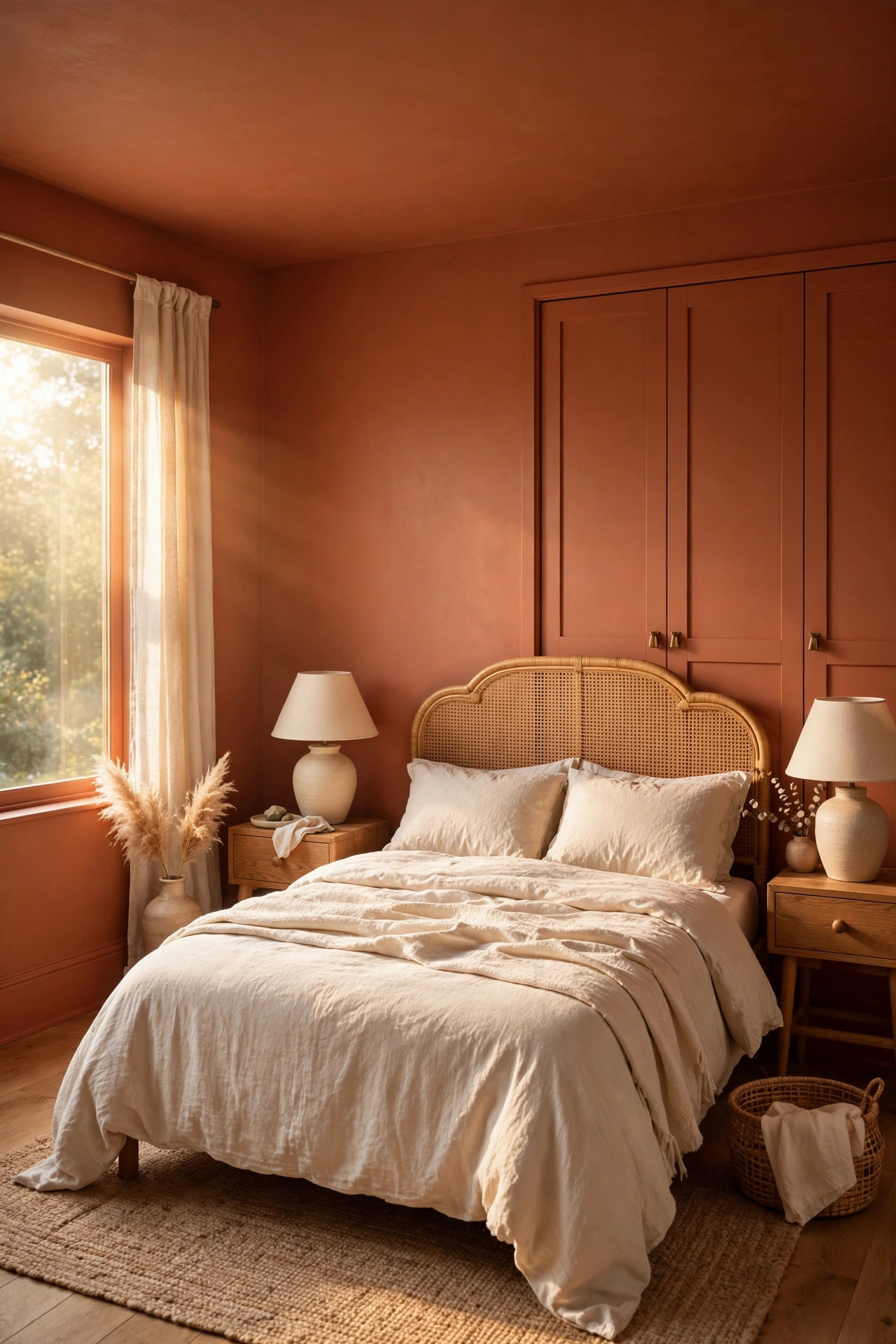 Warm terracotta bedroom with fully painted walls and ceiling