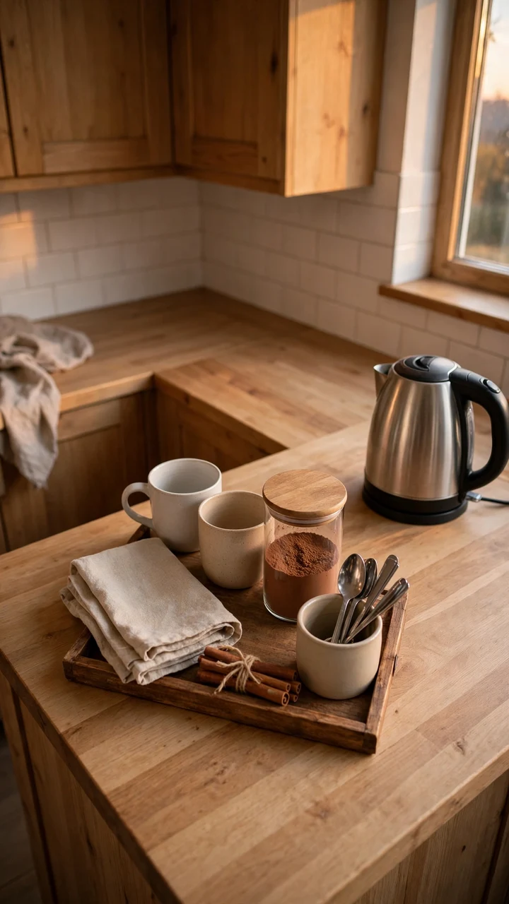 A wooden tray with two mugs, a jar of cocoa powder, spoons, a folded cloth and cinnamon sticks beside an electric kettle on a wooden kitchen counter.