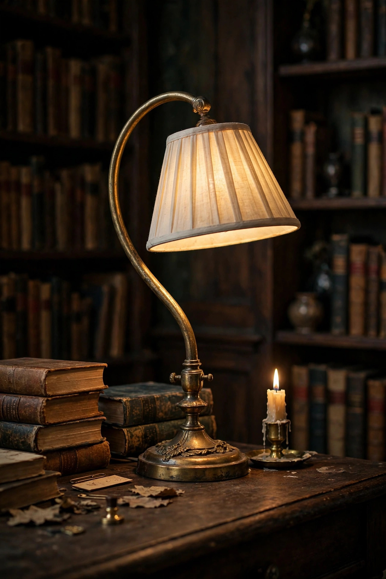 21 Dark Academia Room Decor Ideas That Feel Like an Old Library 4 Antique brass table lamp glowing on a dark wood desk beside old books