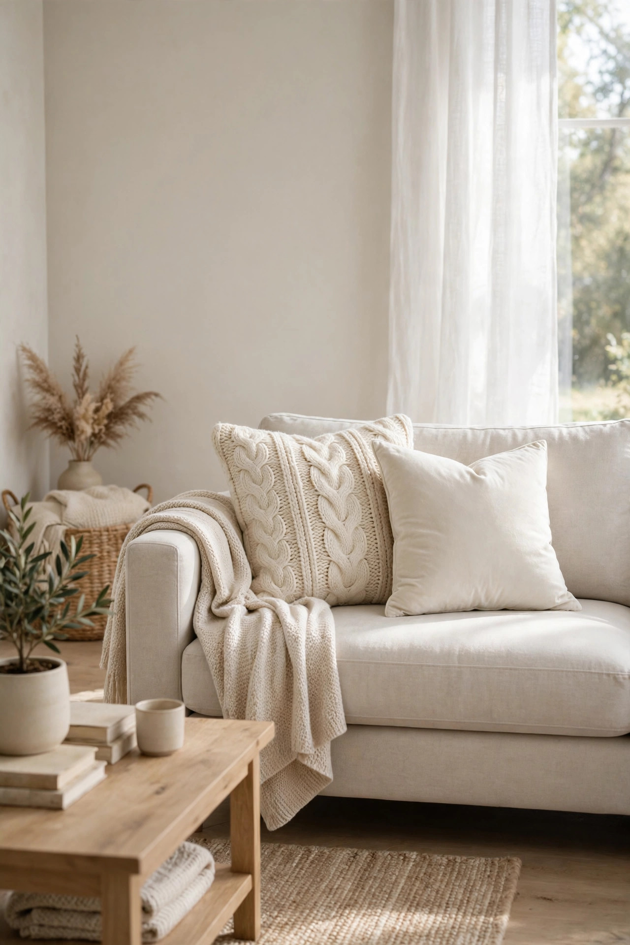 Cream armchair styled with a blush pink velvet pillow and an oatmeal chunky knit pillow near a sunny window