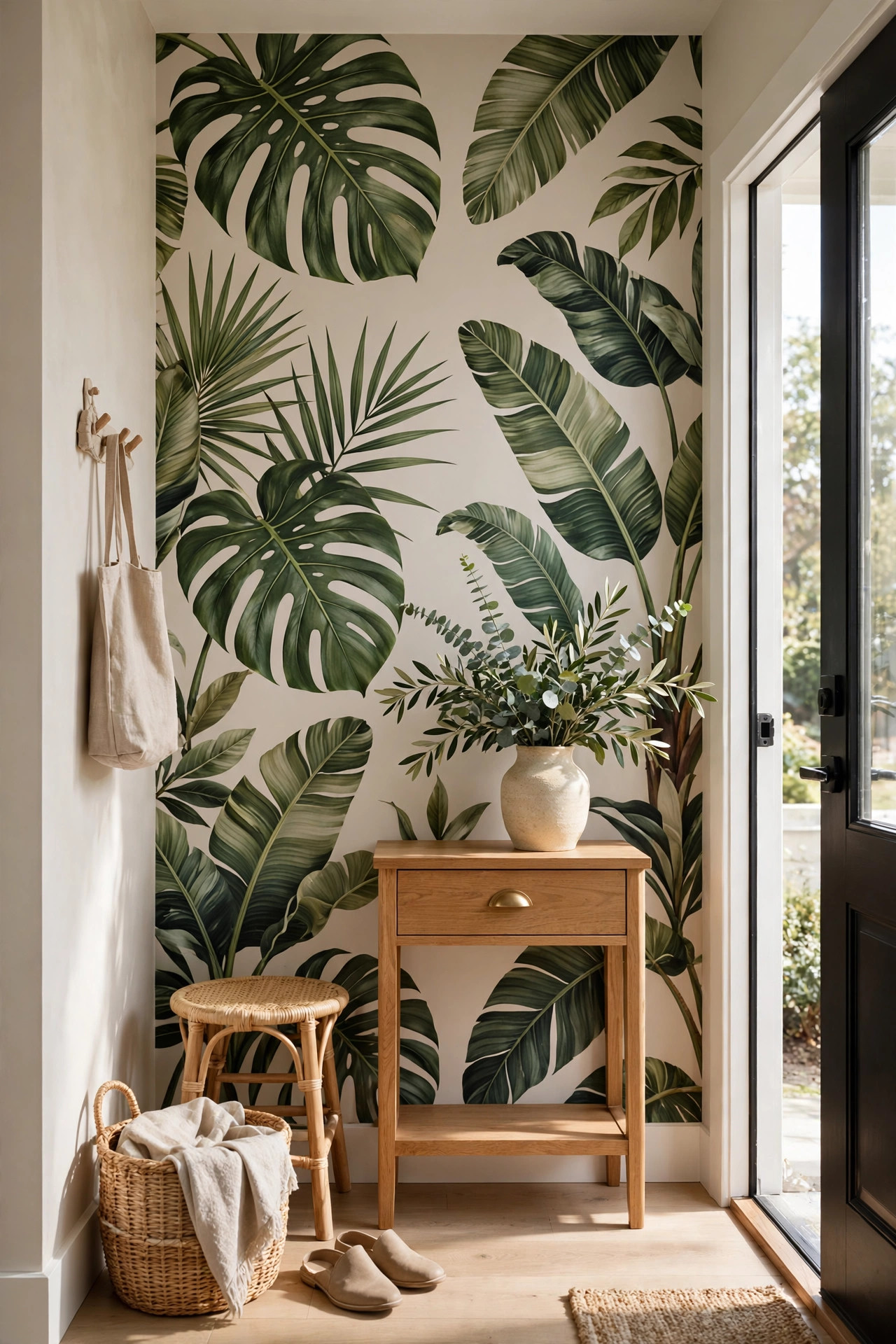 Entryway with bold botanical leaf peel and stick wallpaper and a wooden console table.