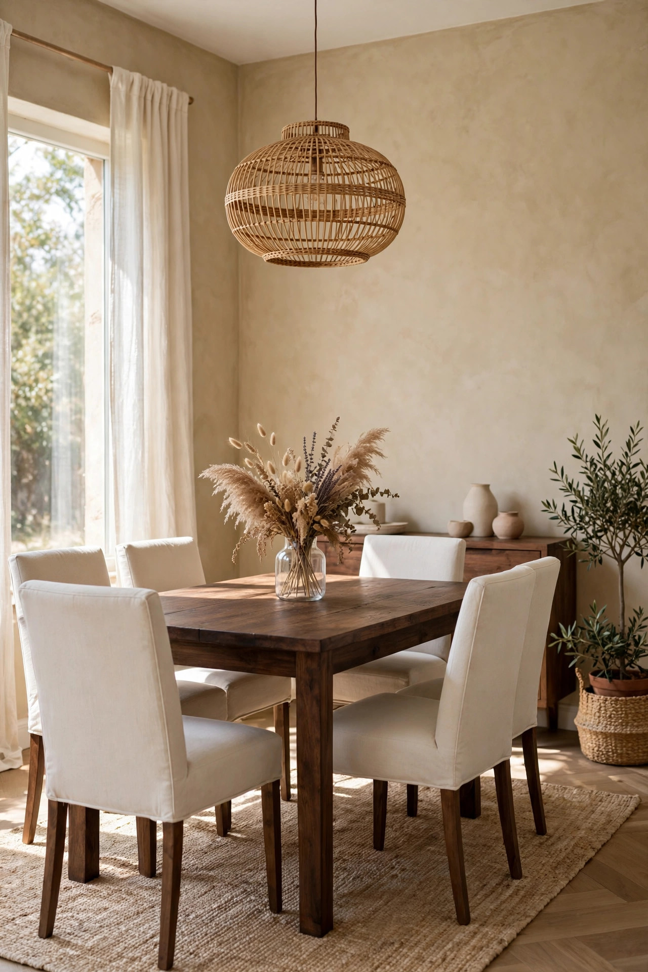 16 Earthy Paint Colors That Make a Home Feel Grounded 4 Dining room with clay beige walls, a dark wood table, cream chairs, and a rattan pendant light