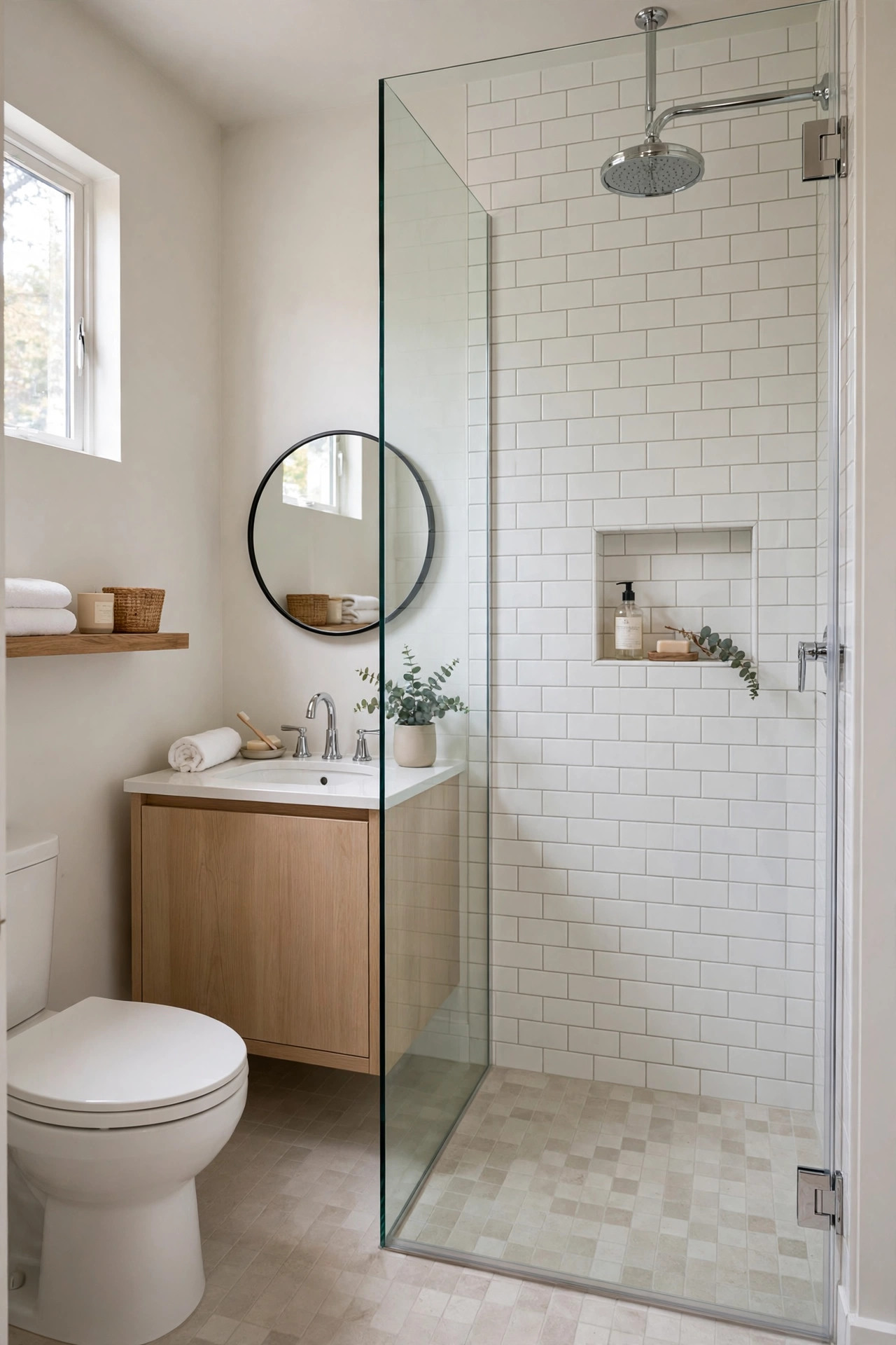 Frameless clear glass shower door in a small bathroom with white subway tile.