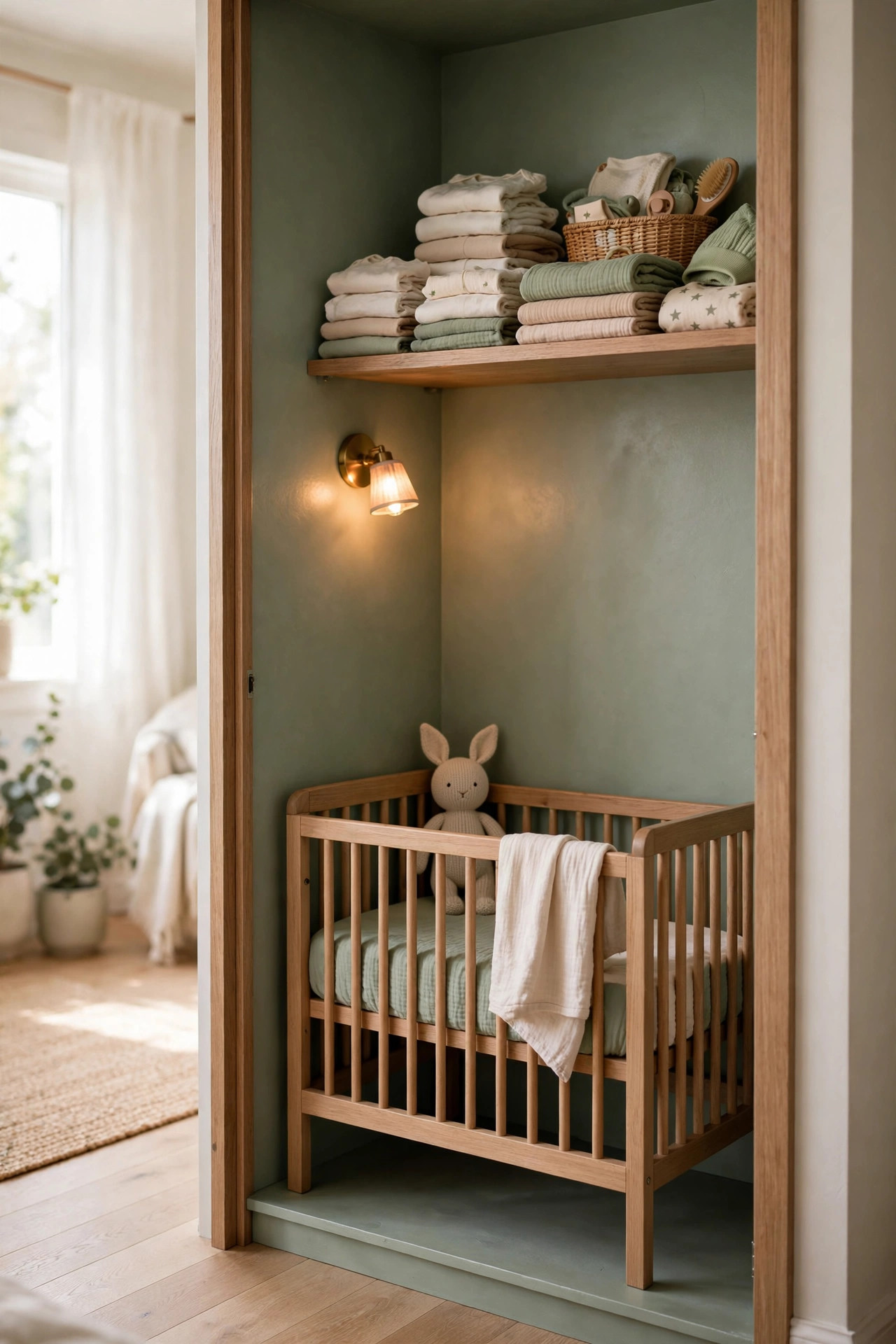 Mini crib tucked into a converted closet nook with a soft glowing wall light
