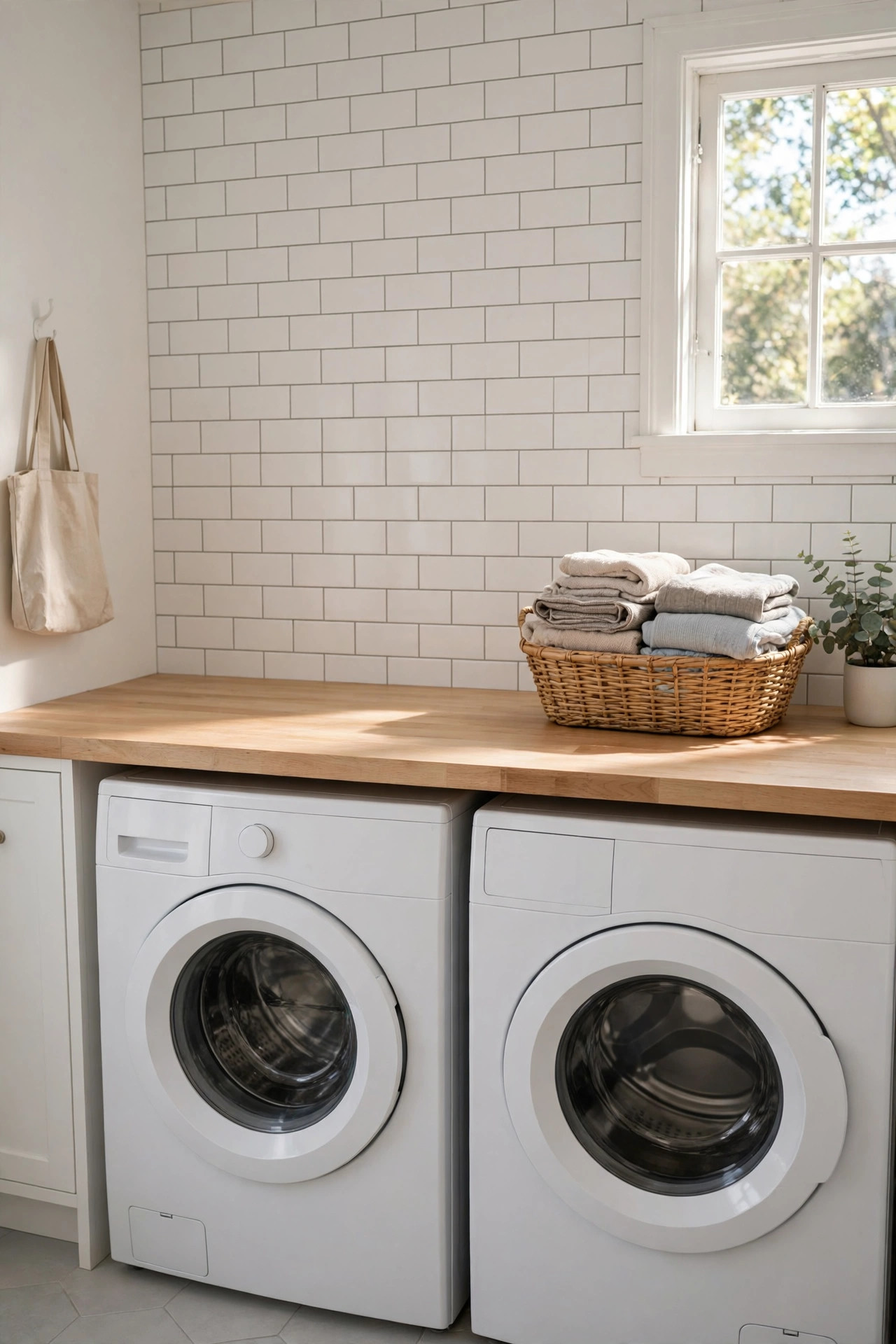 Wood countertop over washer and dryer