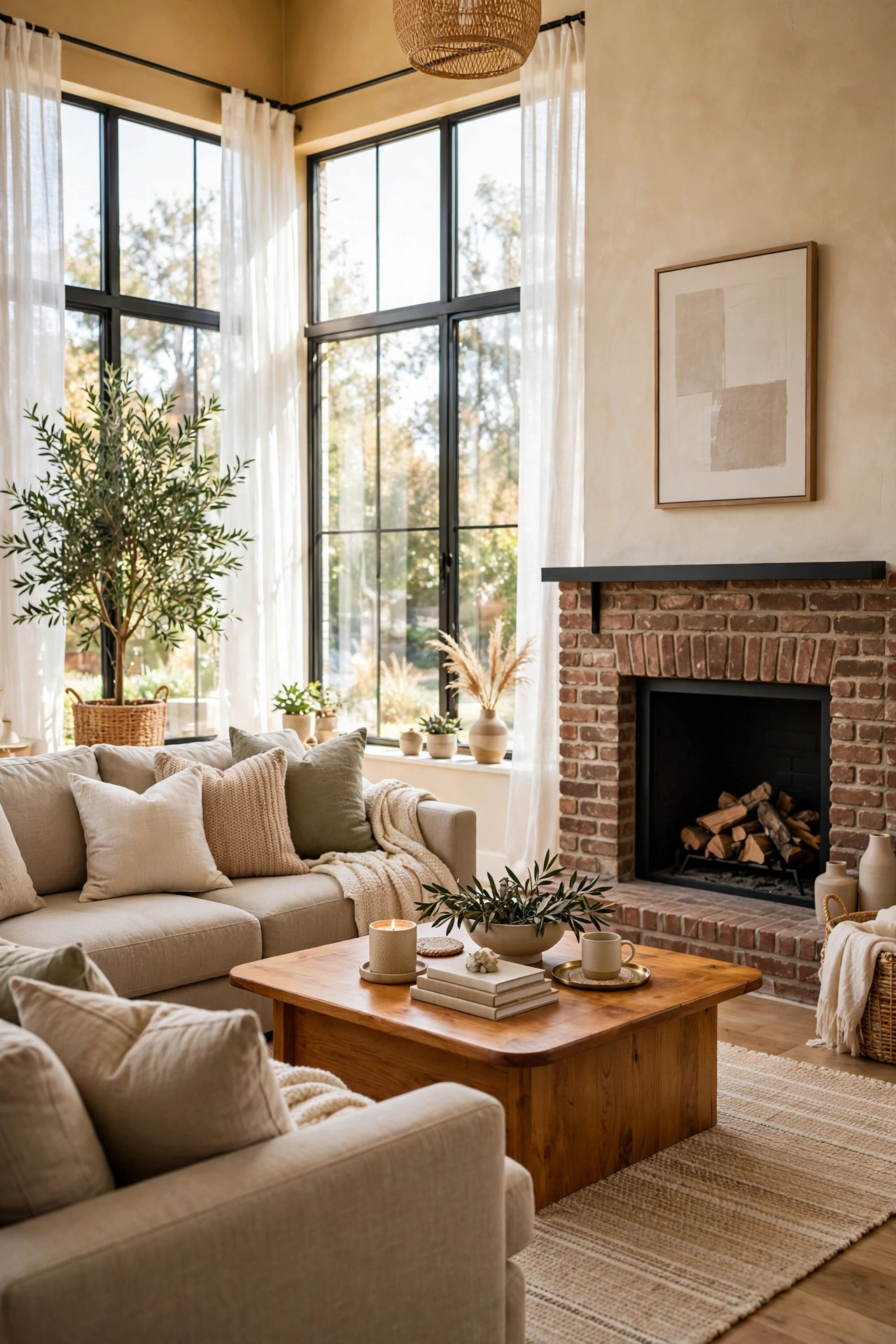 15 Warm White Paint Colors That Work in Every Room 4 Family room with golden warm white walls, beige sectional, brick fireplace, and sunlit windows