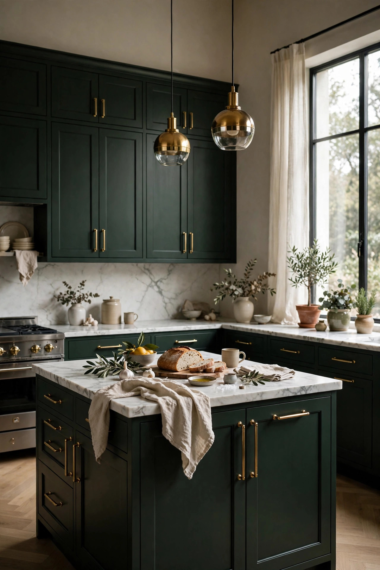 Dark green shaker cabinets with polished brass pulls and marble counters.