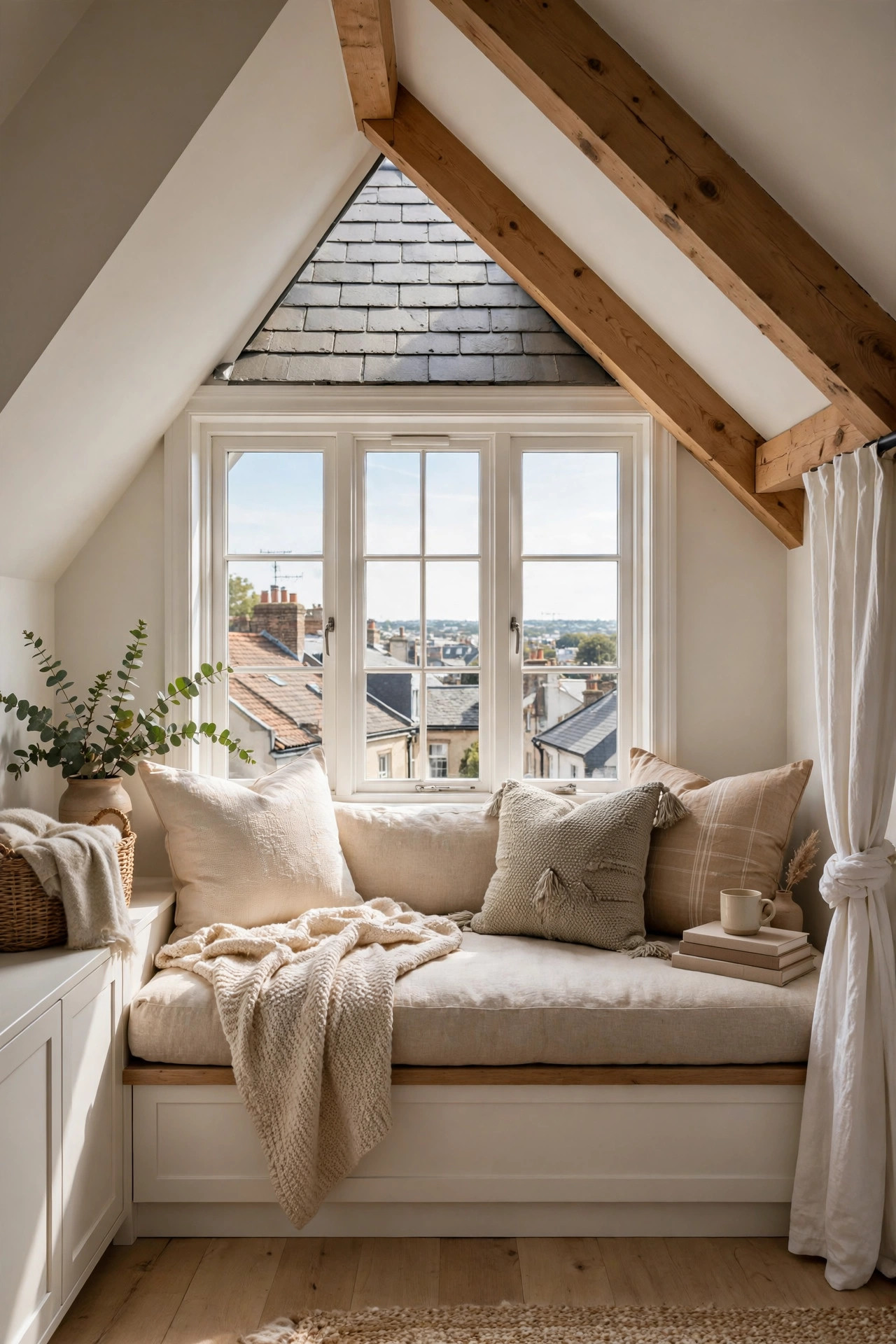 Cozy window seat with cushions and pillows in a dormer window of an attic bedroom.