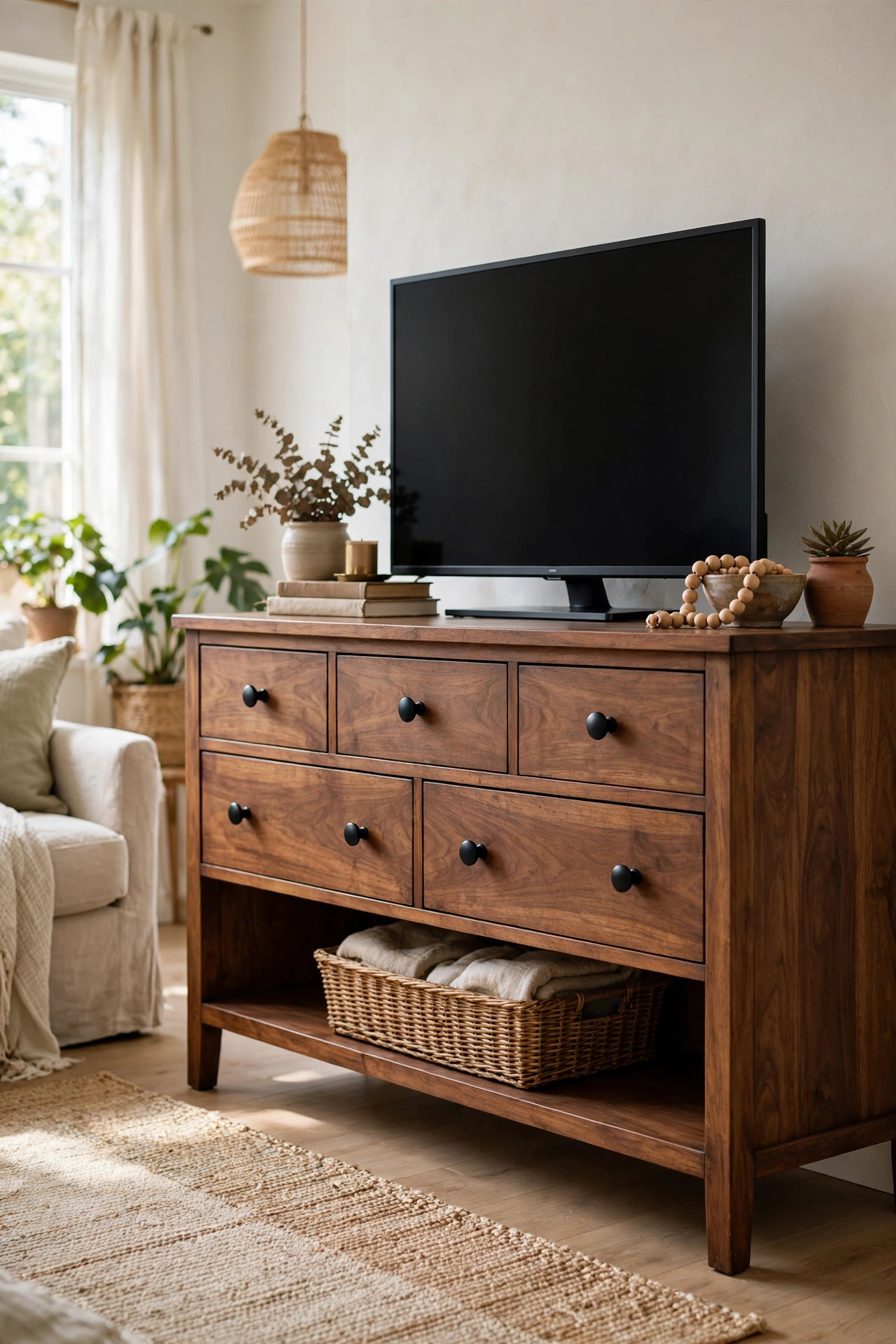 15 Thrift Store Furniture Flips Worth Trying 4 A refinished walnut dresser with new black knobs used as a TV console in a cozy living room