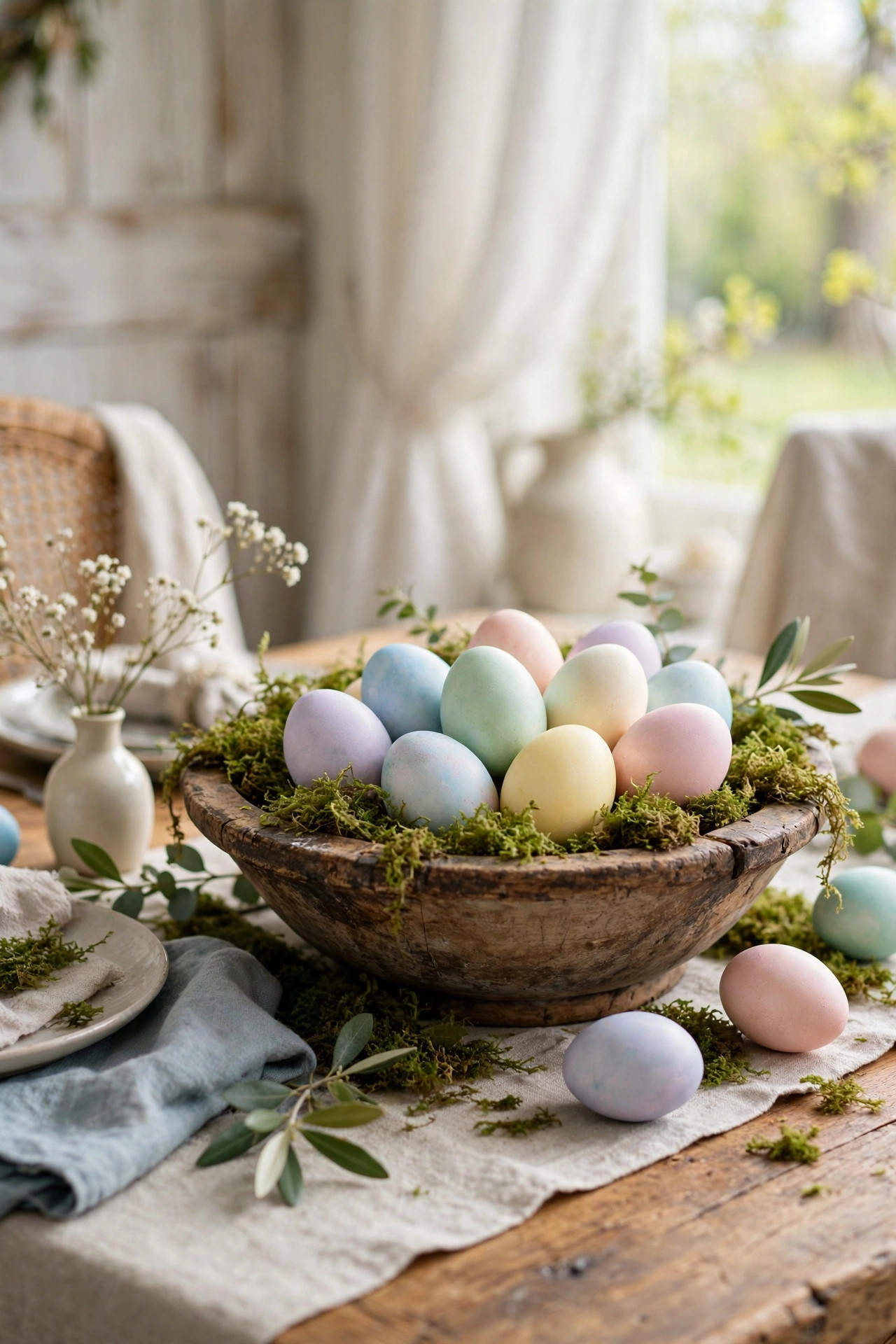 Wooden dough bowl filled with pastel dyed Easter eggs on moss