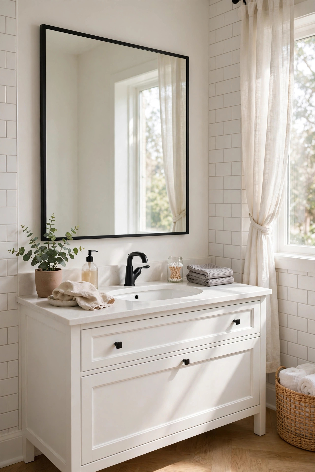 19 Rental Bathroom Ideas That Make It Feel Like Your Own 4 A bathroom vanity mirror fitted with a slim black stick-on frame kit that gives the flat builder mirror a finished border look.