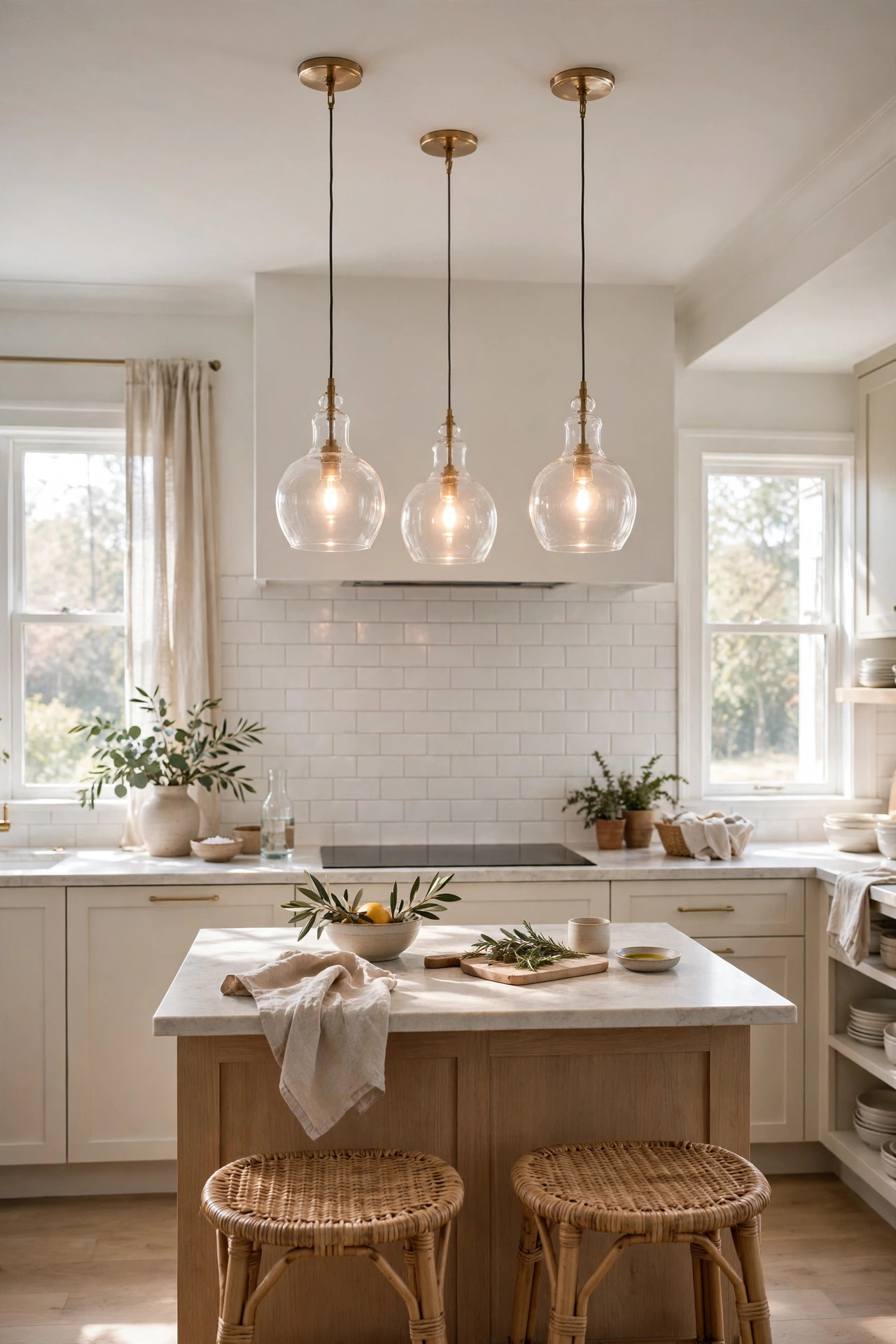 Clear glass pendant lights glowing softly over a small kitchen island in a bright room.