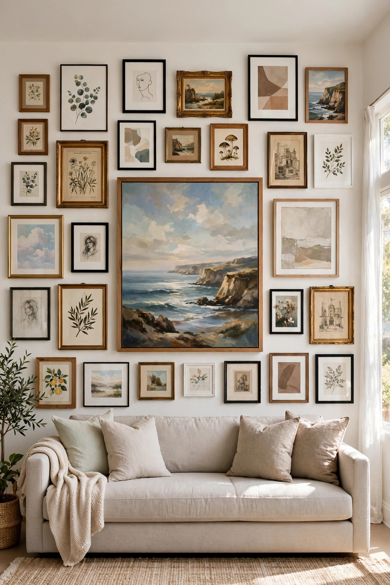 15 Gallery Wall Ideas That Look Curated, Not Cluttered 4 A floor to ceiling mix of different sized framed artworks fills a living room wall around one large central painting.