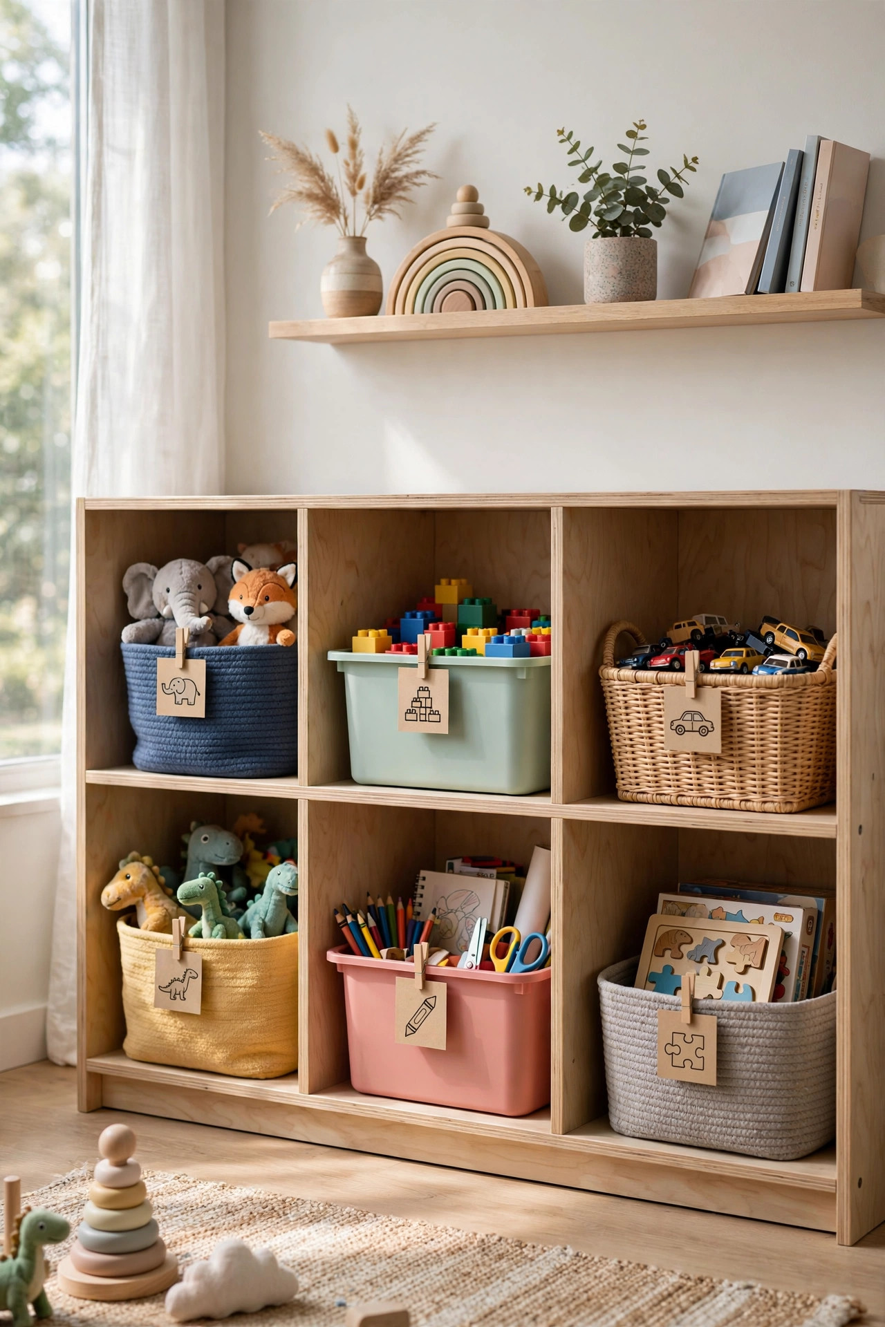 16 Playroom Ideas That Keep the Mess Contained 4 Colorful bins with picture labels on low shelves, toys neatly sorted inside each bin.