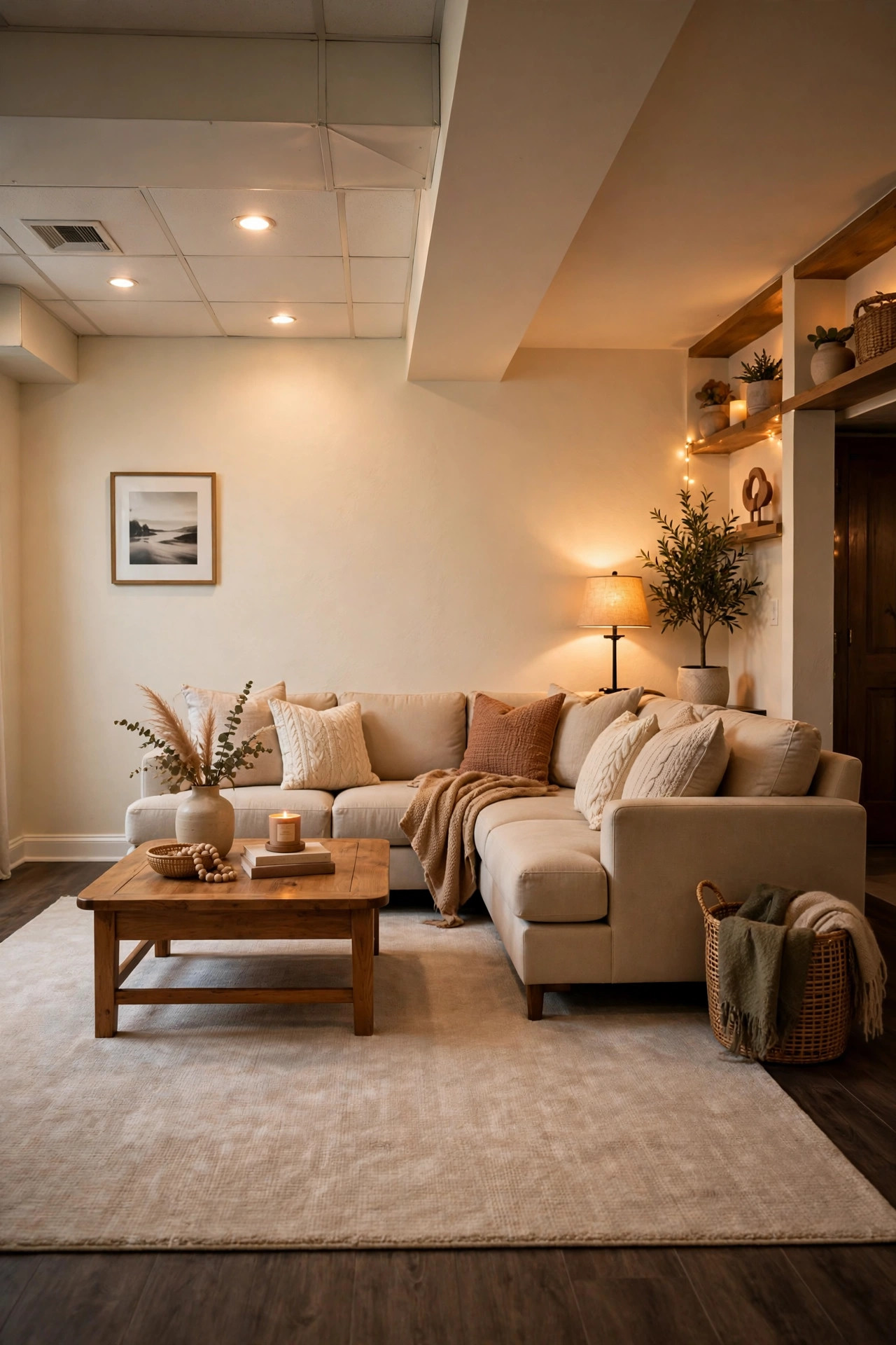 A large soft beige area rug anchoring a sectional sofa and coffee table in a warm basement family room.