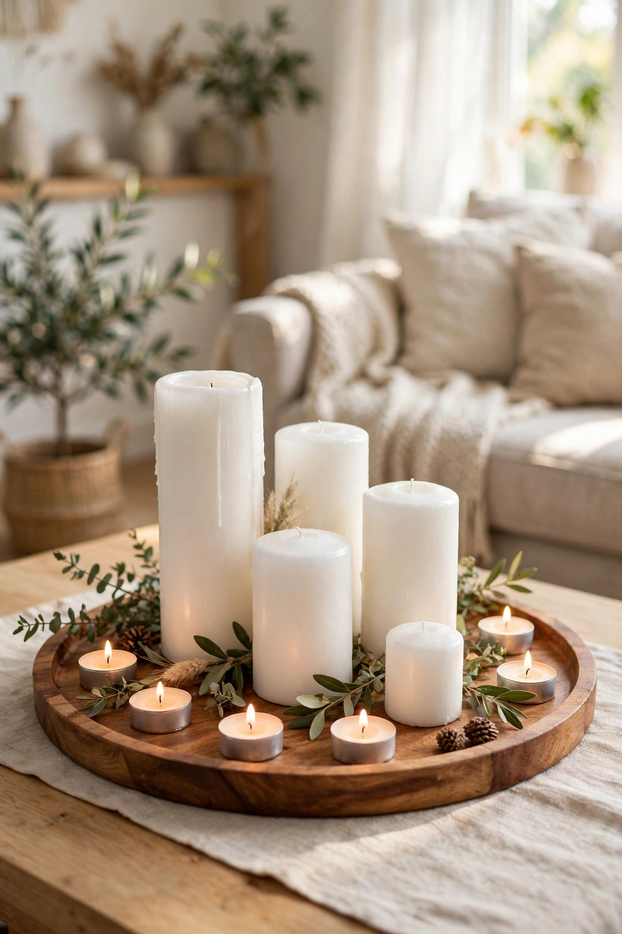 19 Dollar Store Decor Ideas That Look Way More Expensive 4 White pillar candles of varying heights on a round wooden tray on a cozy coffee table