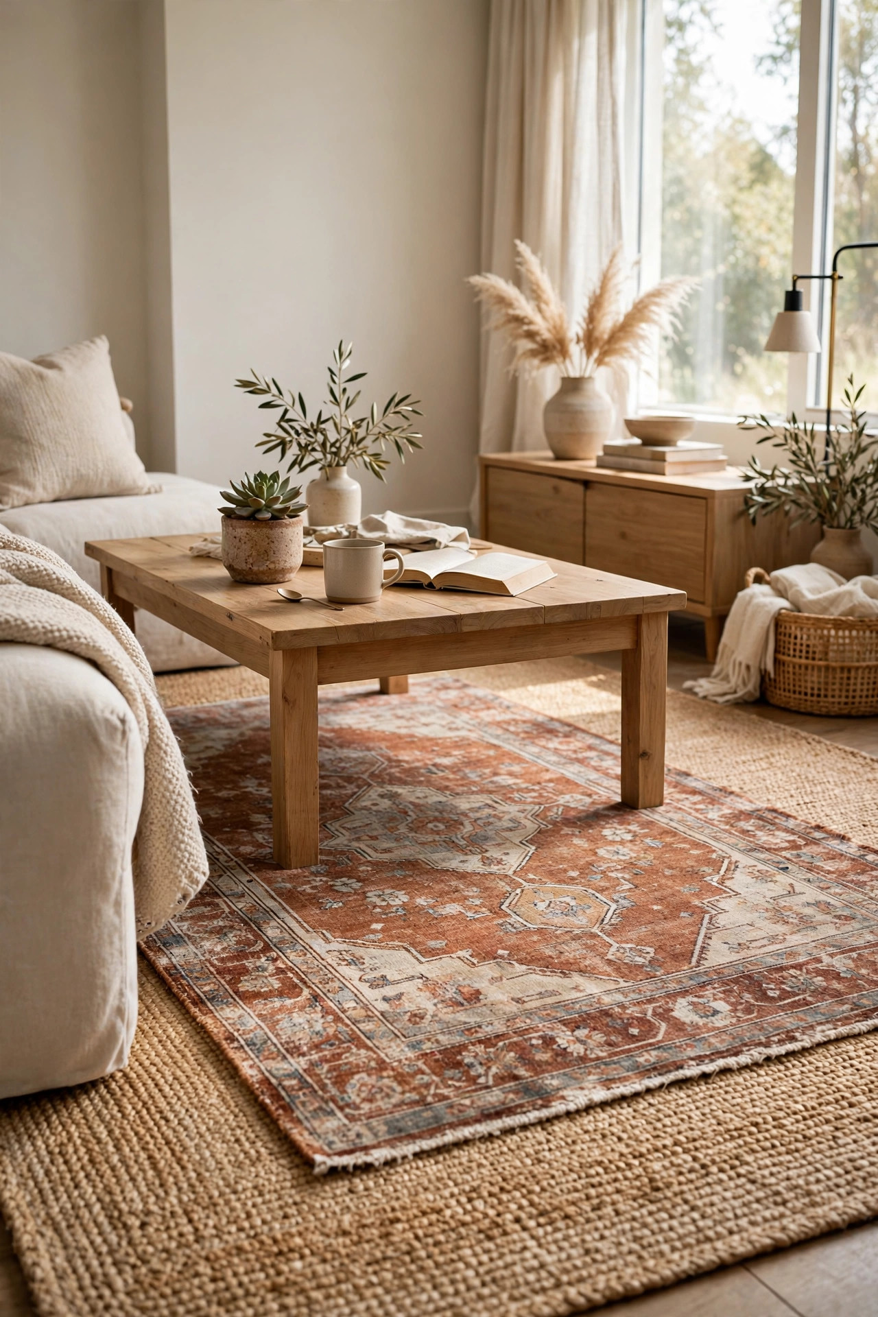 Layered jute and patterned rugs under a wooden coffee table in a cozy neutral living room