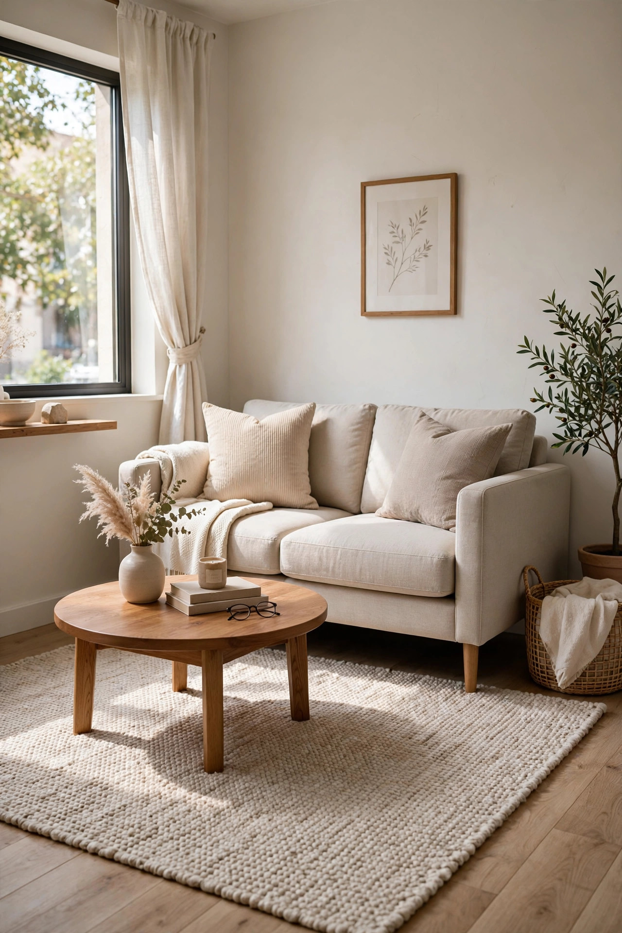 Light beige area rug anchoring a compact loveseat and a round wooden coffee table in a small sitting zone