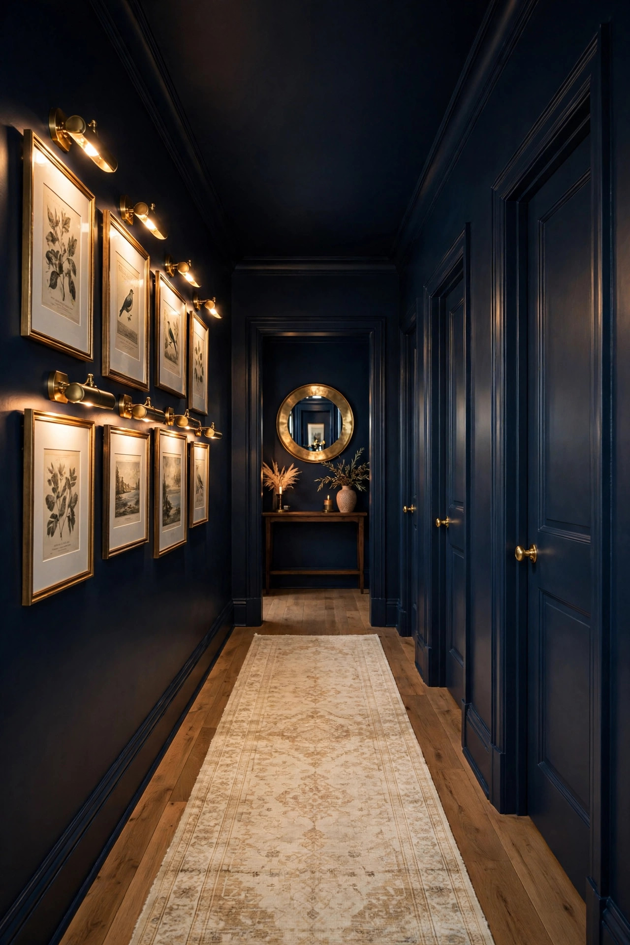 Midnight navy hallway with color drenched walls and doors