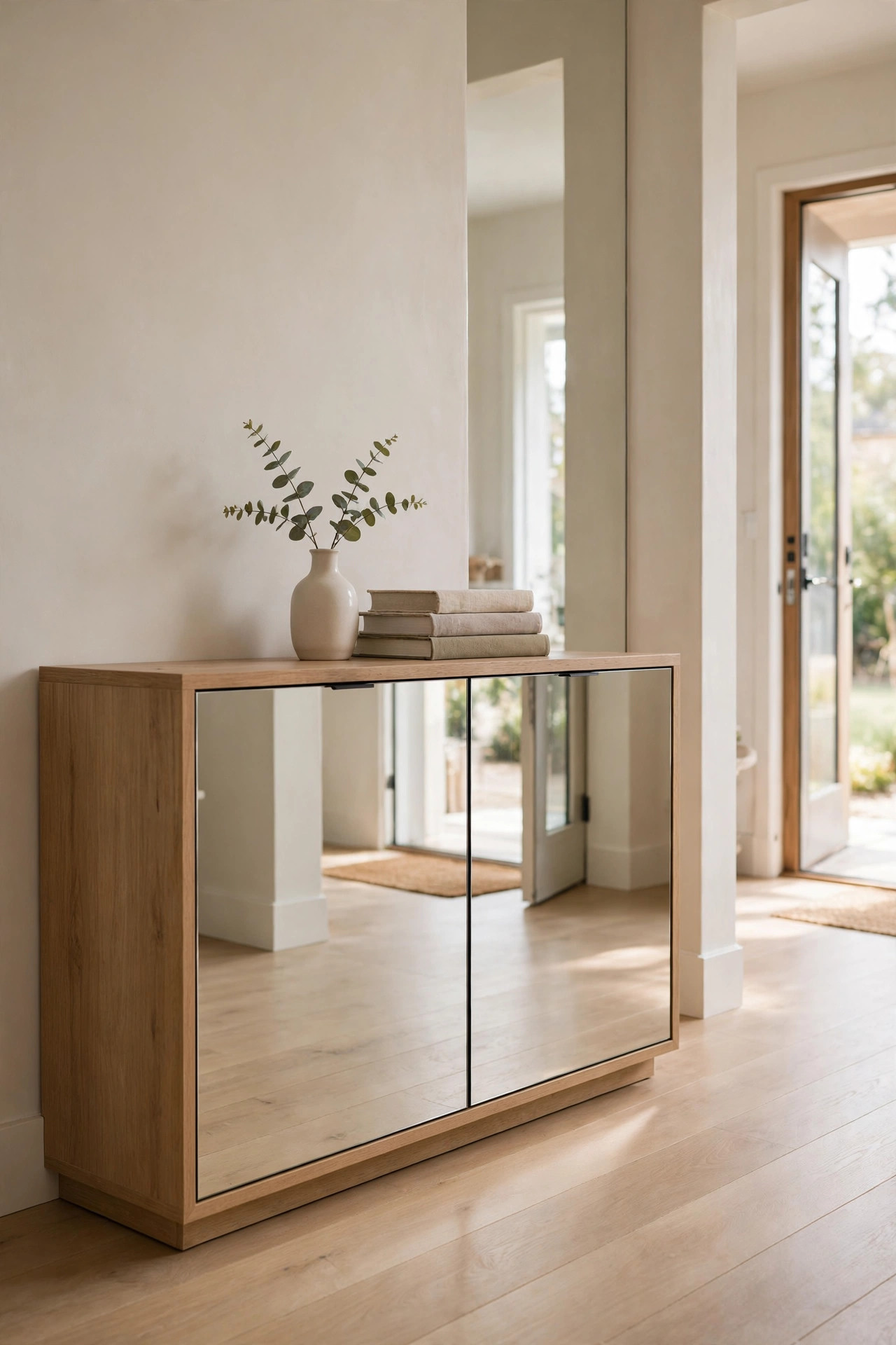 Entryway storage cabinet with mirrored fronts reflecting a bright foyer