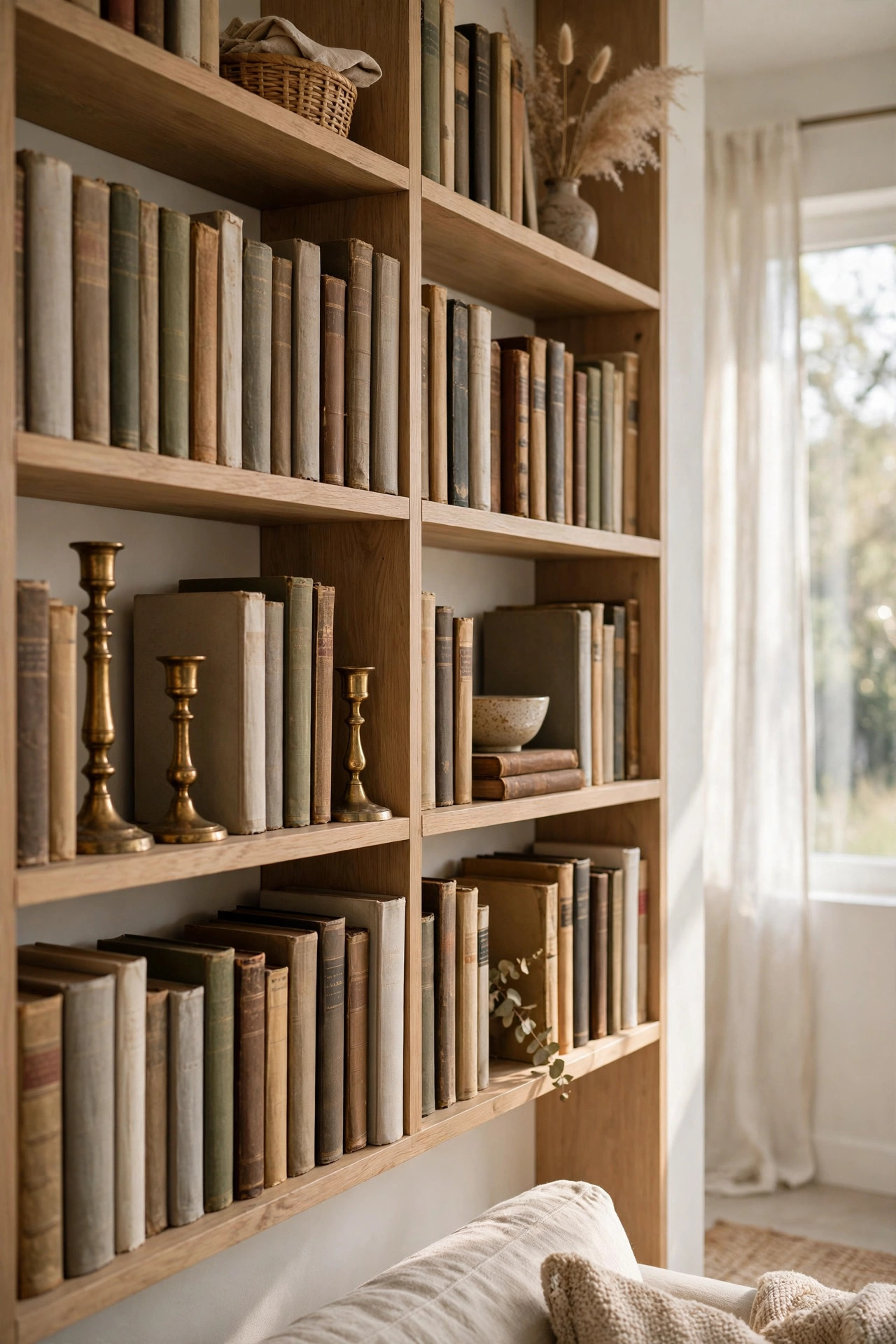 Brass candlesticks of different heights placed between rows of old books on a shelf
