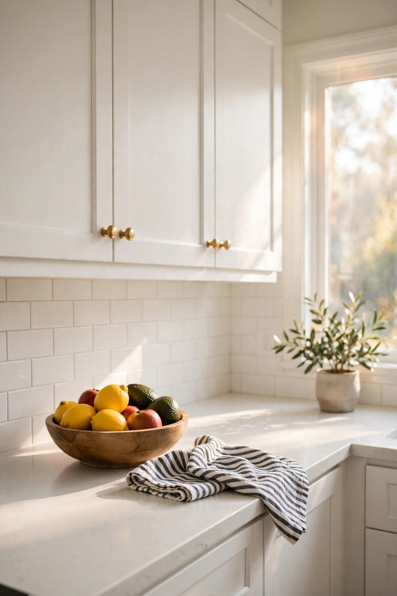 22 Decor Ideas Under $50 That Change Everything 4 White kitchen cabinets with new brass knobs and a styled countertop