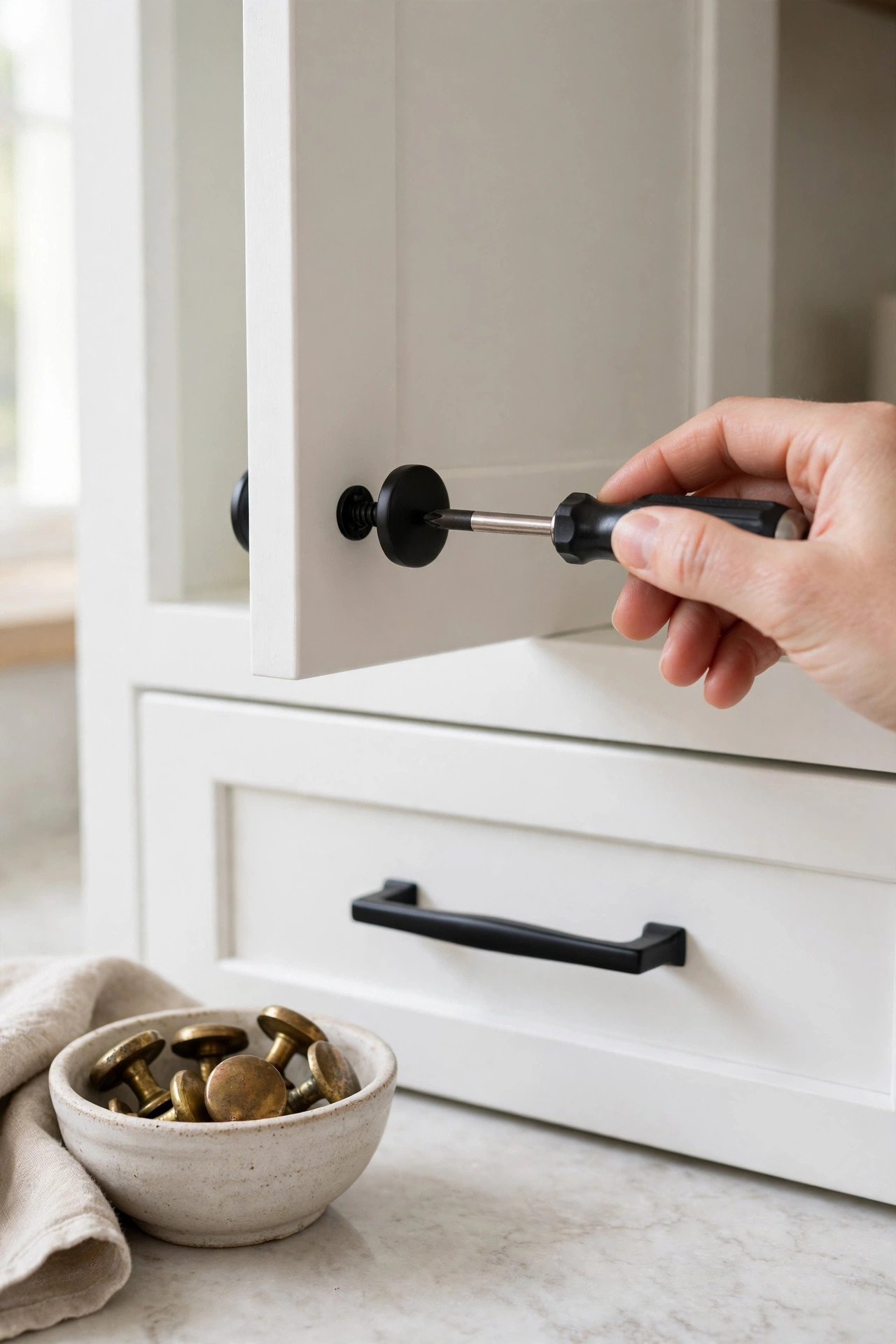 18 Renter-Friendly Kitchen Upgrades That Need Zero Permission 4 White kitchen cabinets with new matte black knobs being installed with a screwdriver