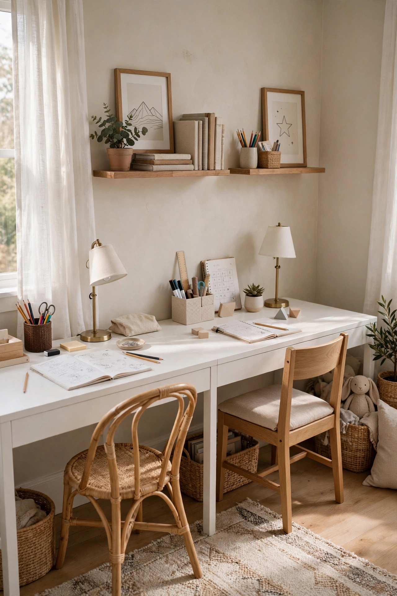 Long white desk split into two homework stations in a kids bedroom.